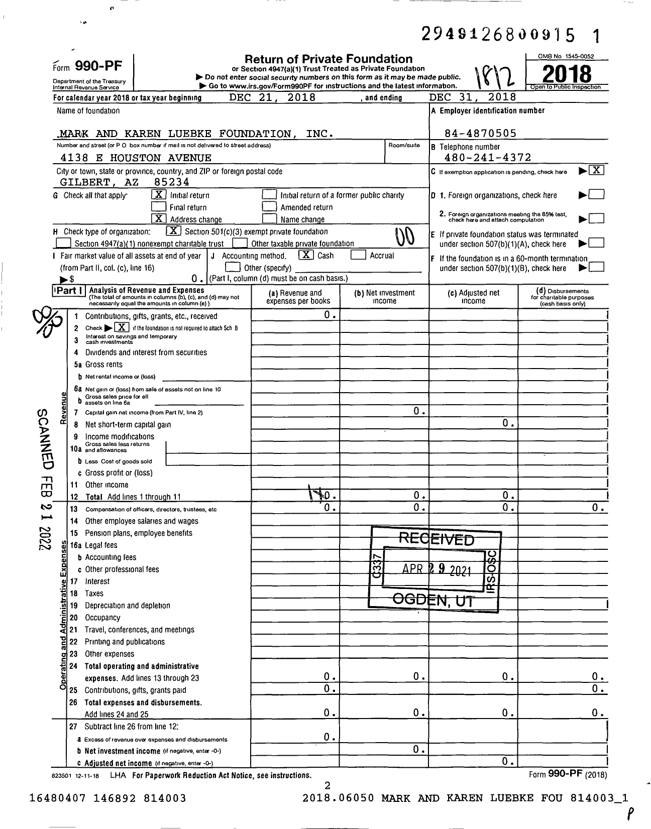 Image of first page of 2018 Form 990PF for Mark and Karen Luebke Foundation