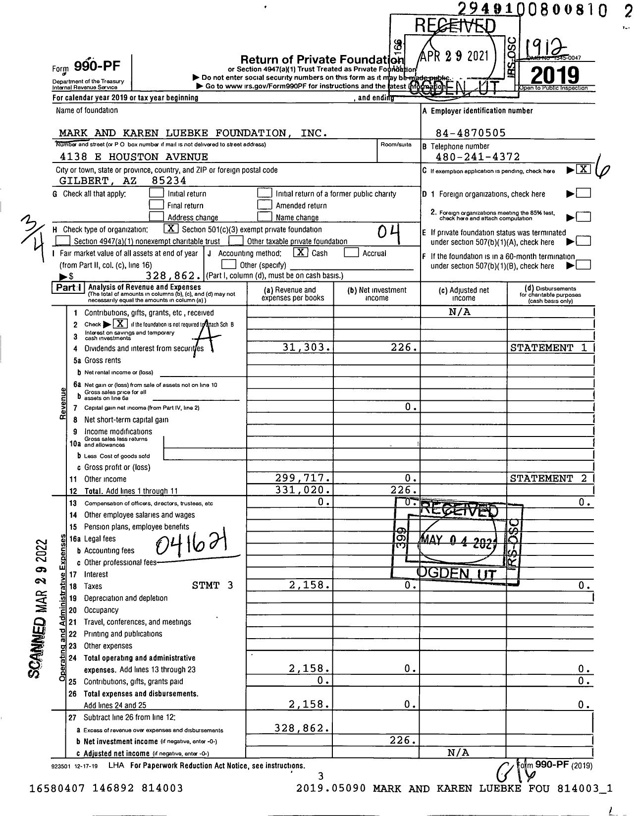 Image of first page of 2019 Form 990PF for Mark and Karen Luebke Foundation