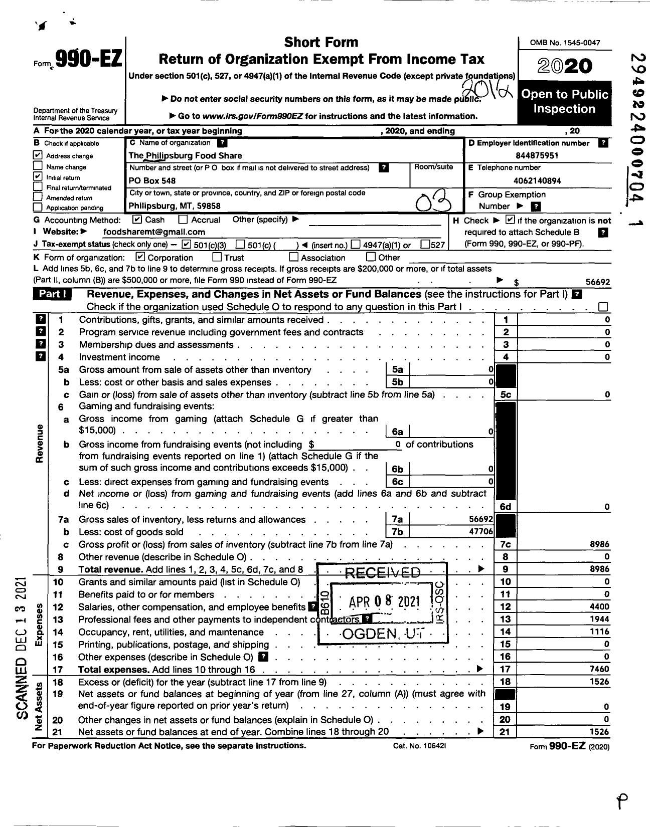 Image of first page of 2020 Form 990EZ for Philipsburg Food Share