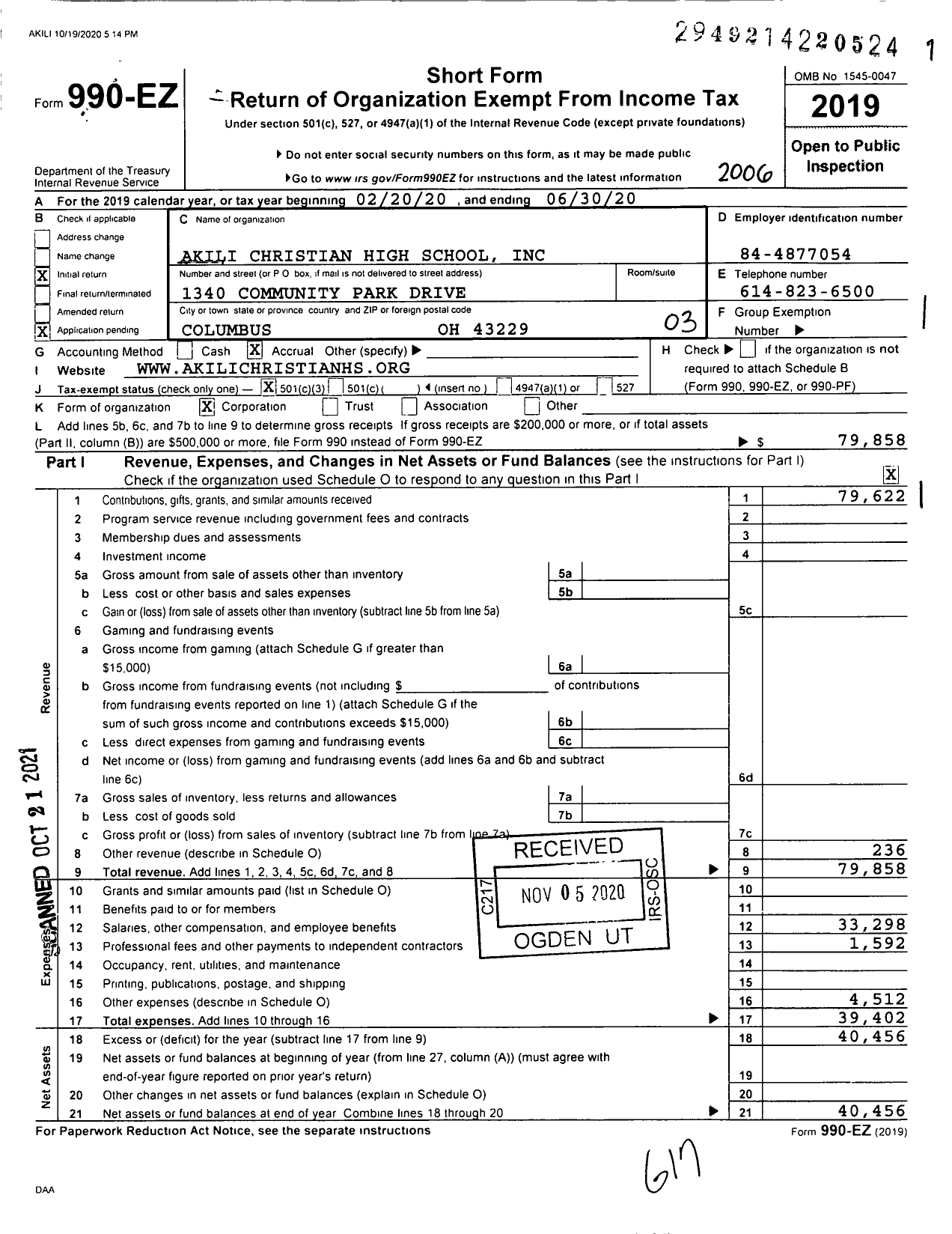 Image of first page of 2019 Form 990EZ for Akili Christian High School