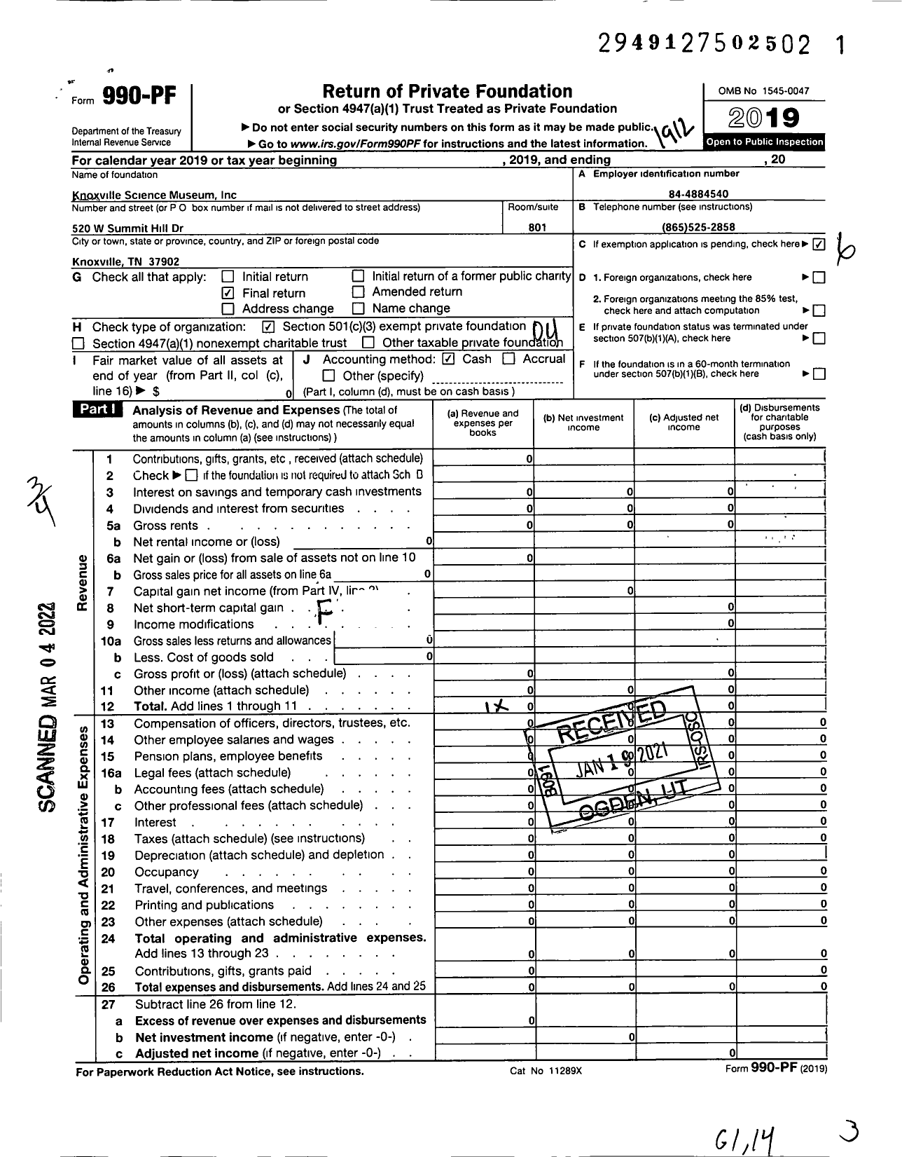 Image of first page of 2019 Form 990PF for Knoxville Science Museum