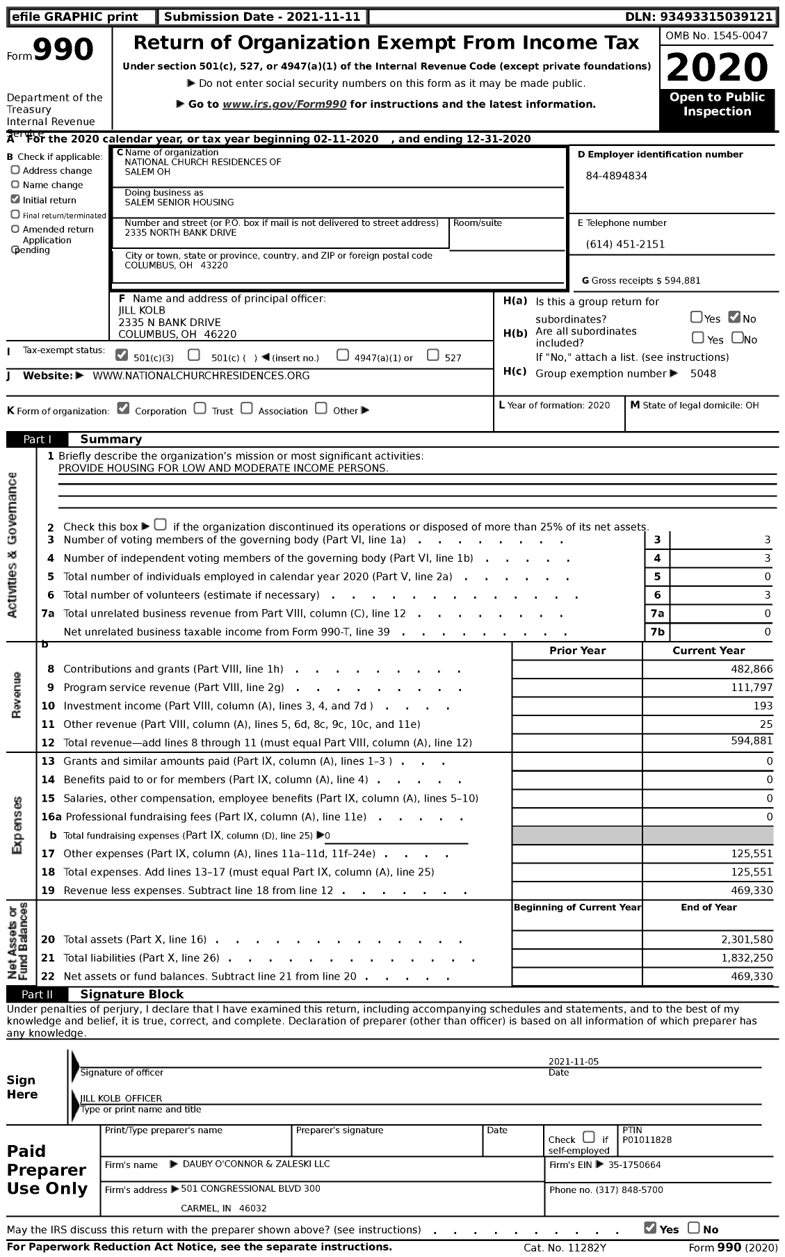 Image of first page of 2020 Form 990 for National Church Residences - Salem Senior Housing