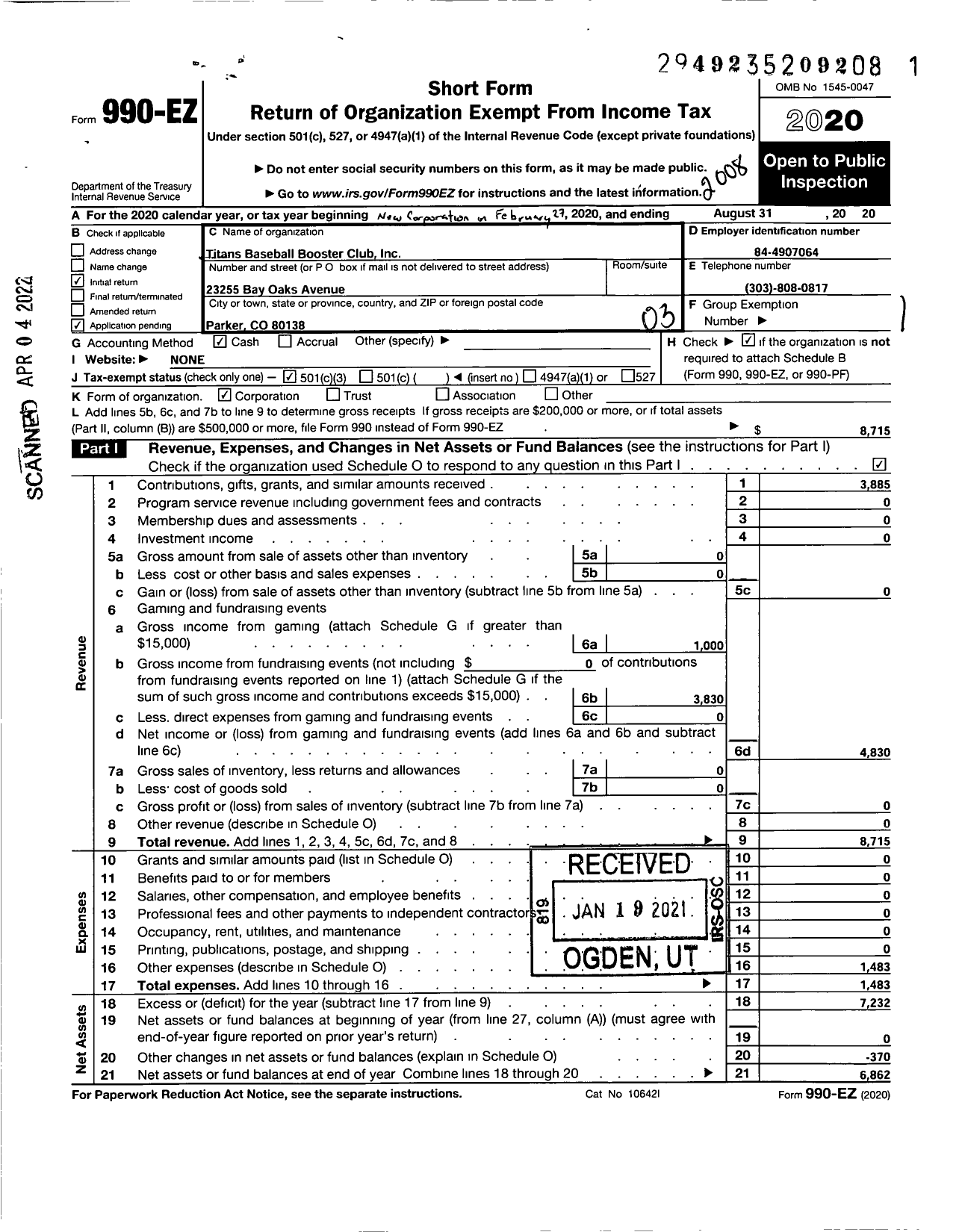 Image of first page of 2019 Form 990EZ for Titans Baseball Booster Club