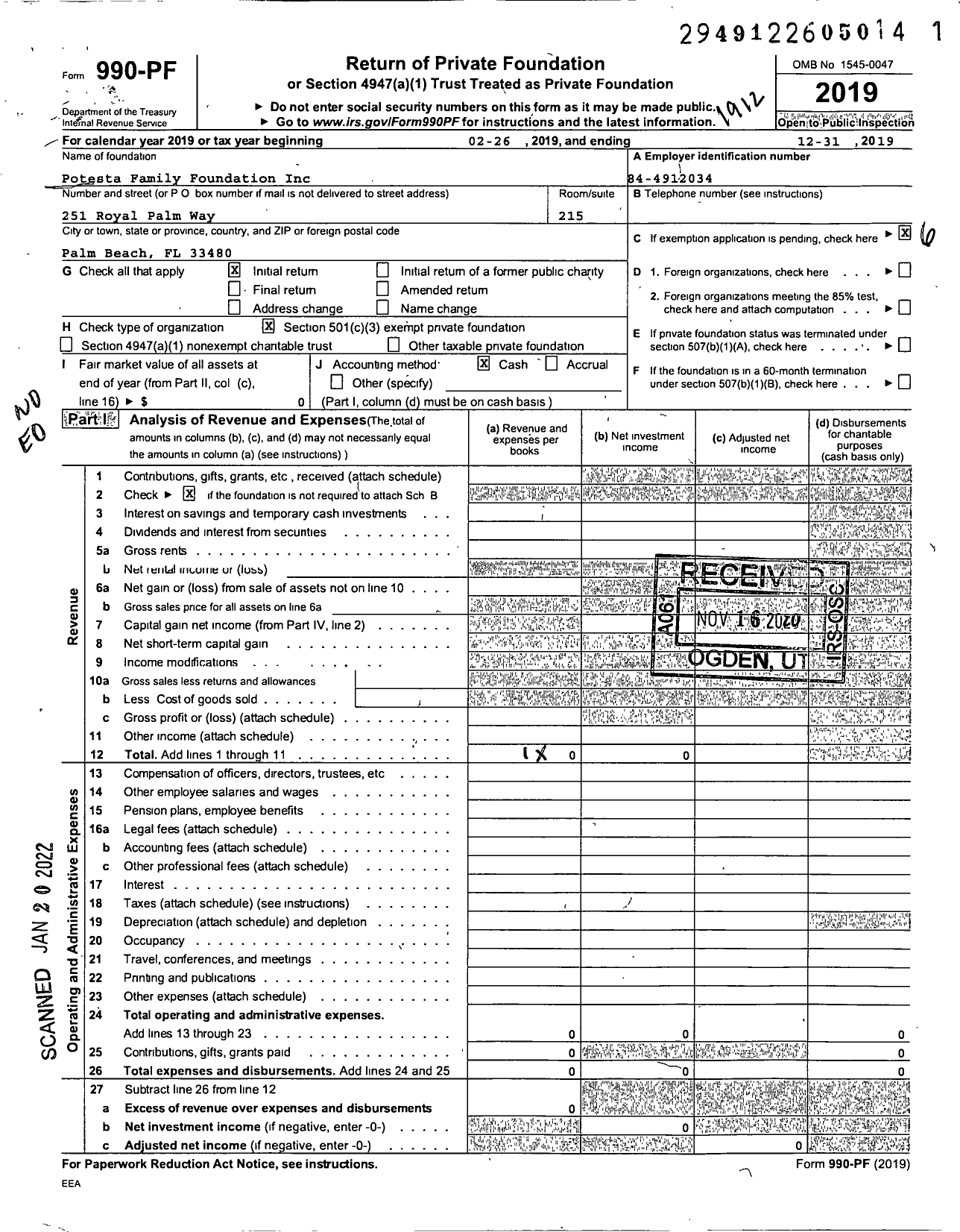 Image of first page of 2019 Form 990PF for Potesta Family Foundation