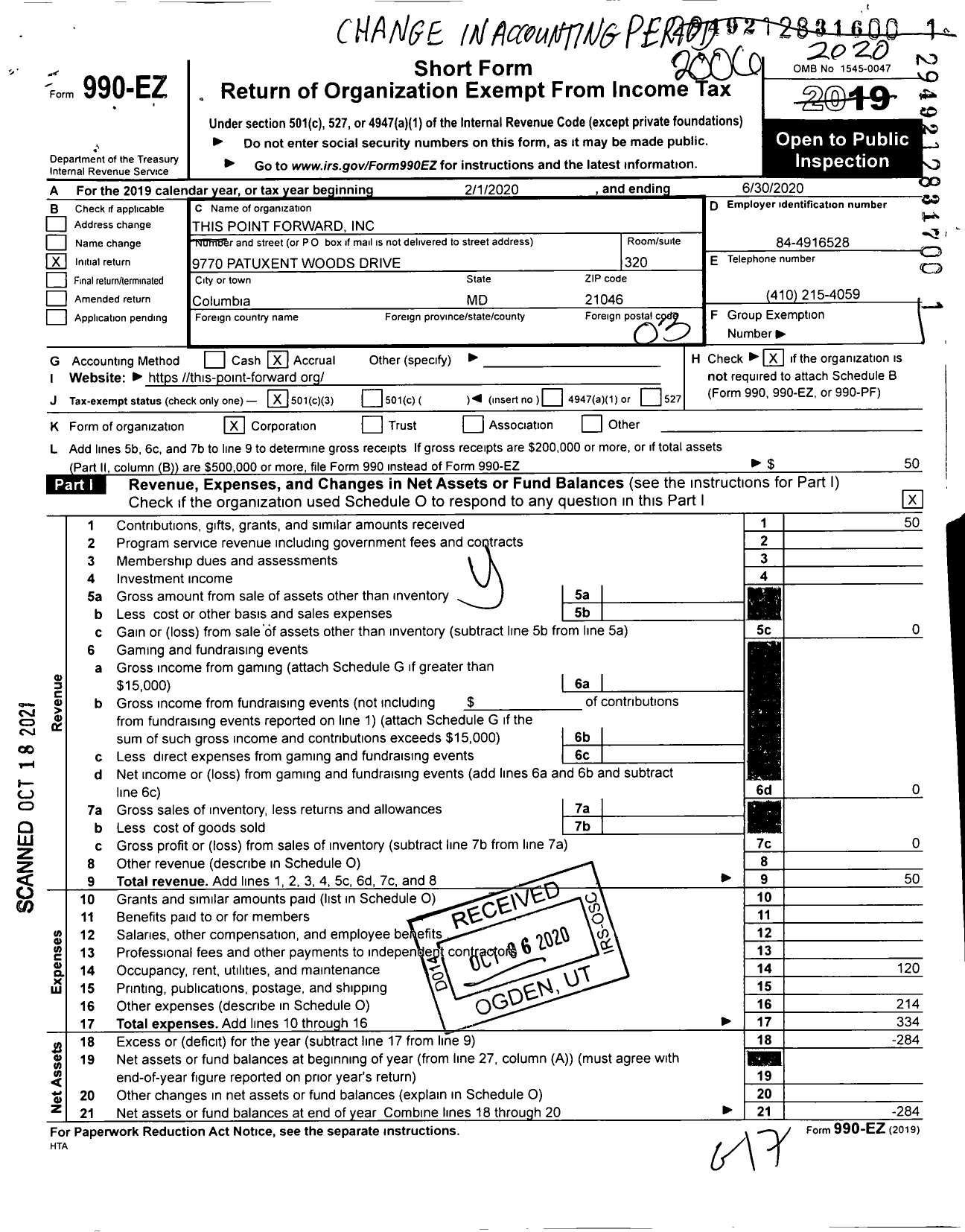 Image of first page of 2019 Form 990EZ for This Point Forward