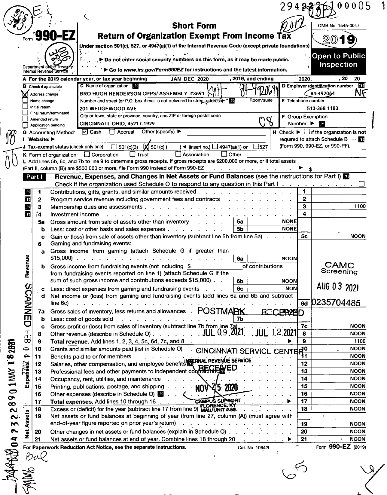 Image of first page of 2020 Form 990EO for Knights of Columbus - 3691 Brother Hugh Henderson CPPS