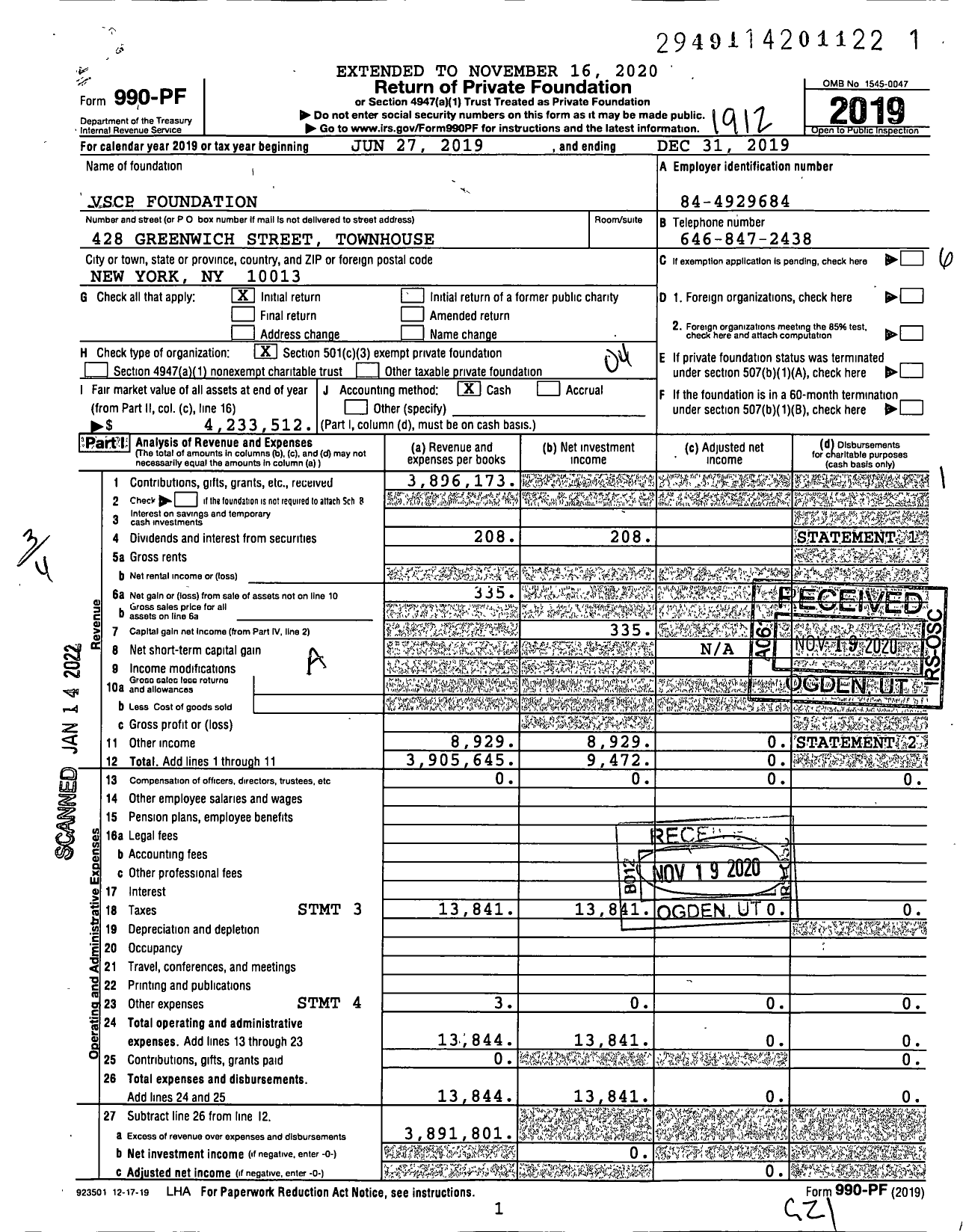 Image of first page of 2019 Form 990PF for VSCP Foundation