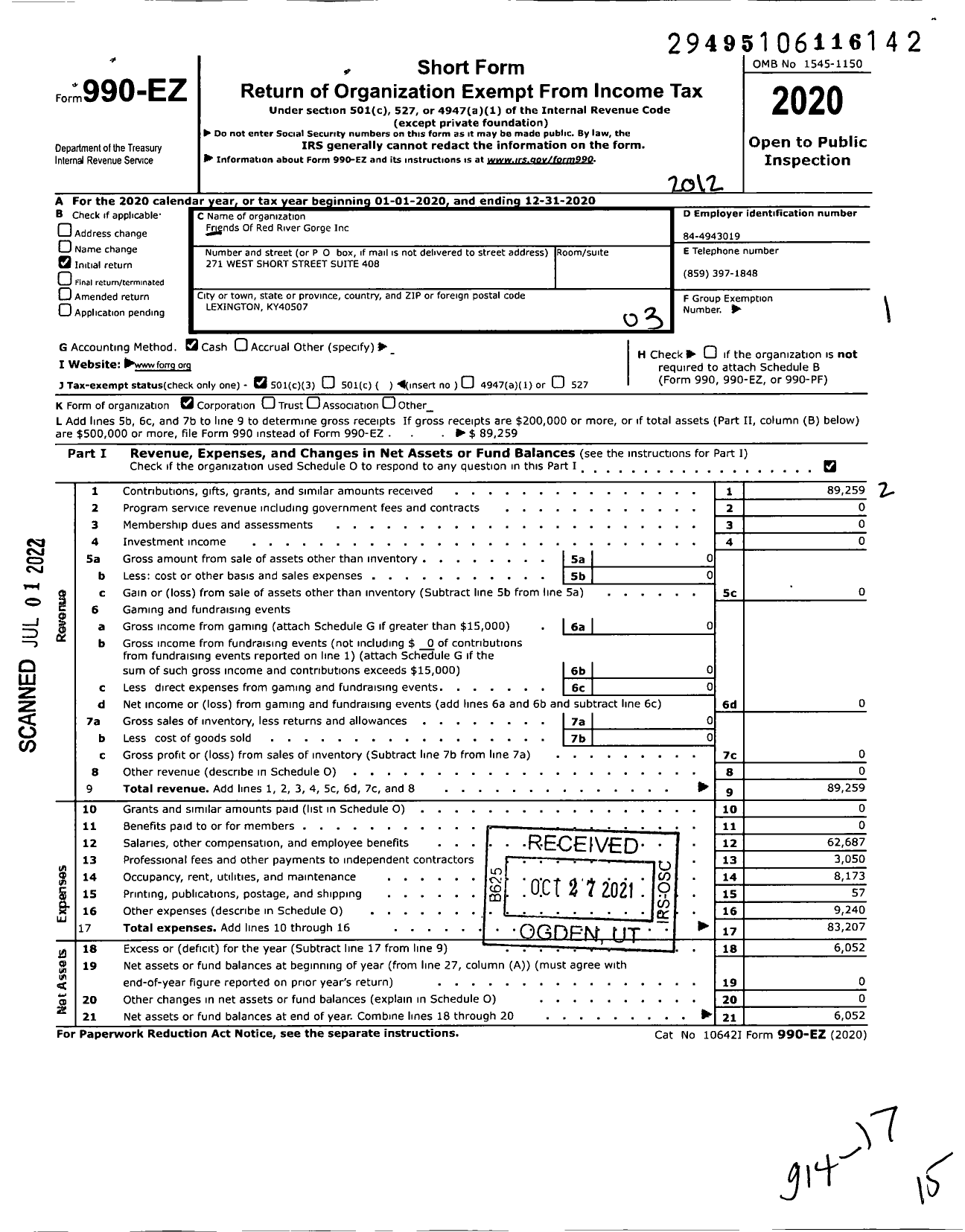 Image of first page of 2020 Form 990EZ for Friends of Red River Gorge