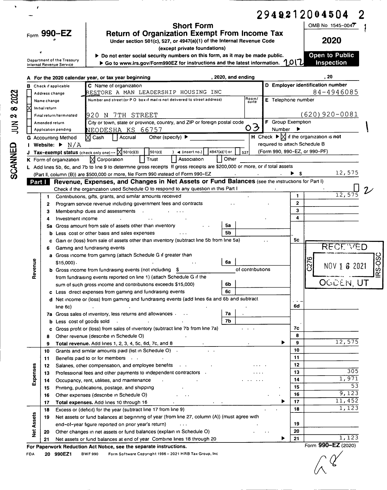 Image of first page of 2020 Form 990EZ for Restore A Man Leadership Housing