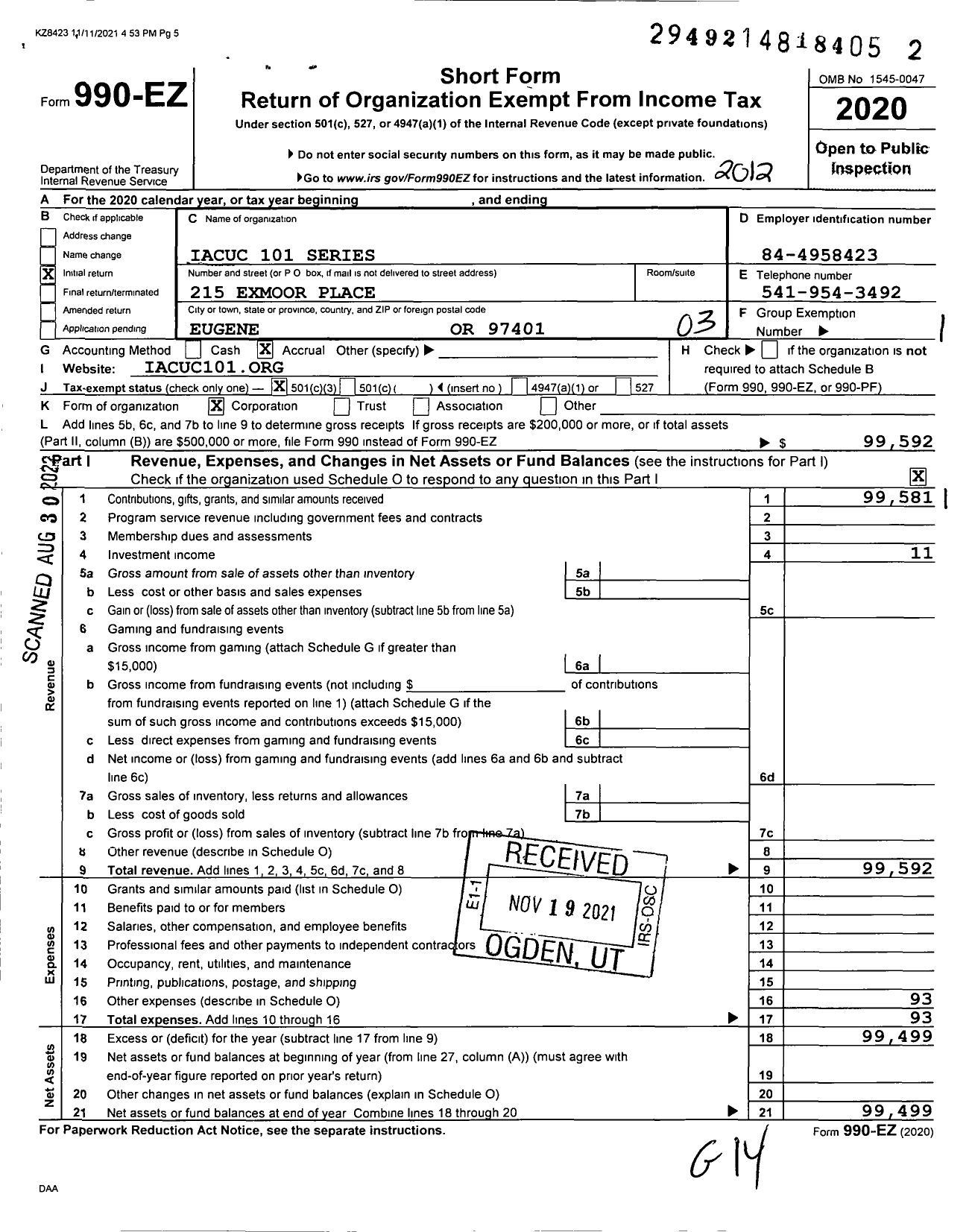 Image of first page of 2020 Form 990EZ for Iacuc 101 Series