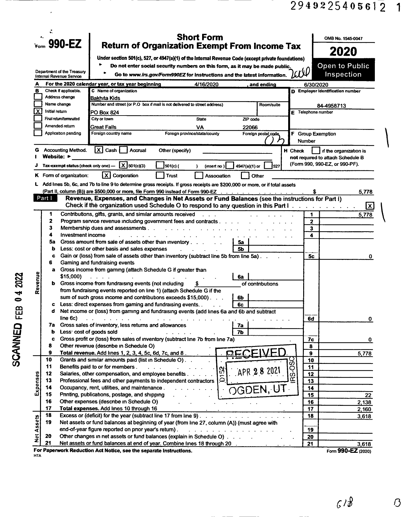 Image of first page of 2019 Form 990EZ for Bakhita Kids