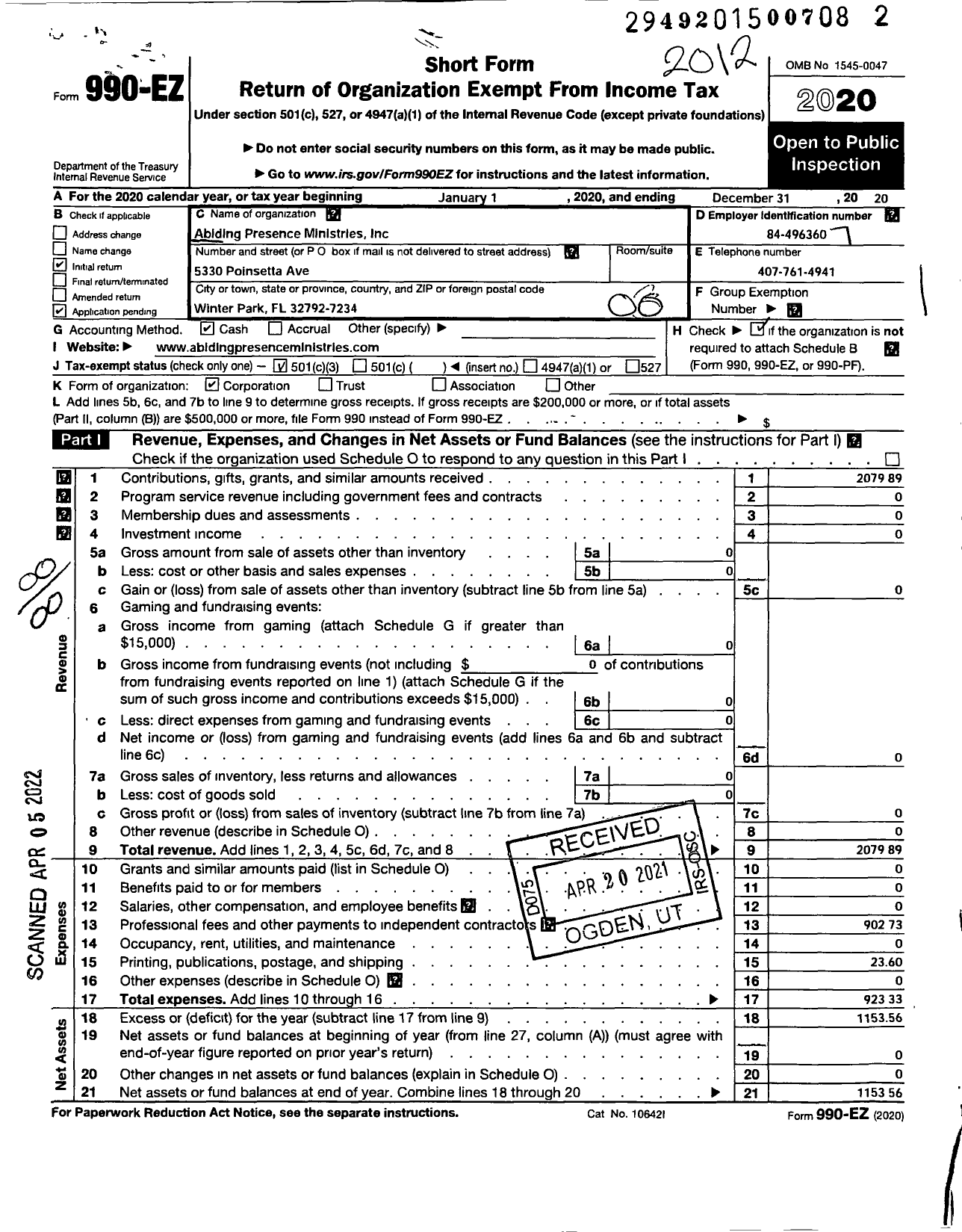 Image of first page of 2020 Form 990EO for Abiding Presence Faith Community