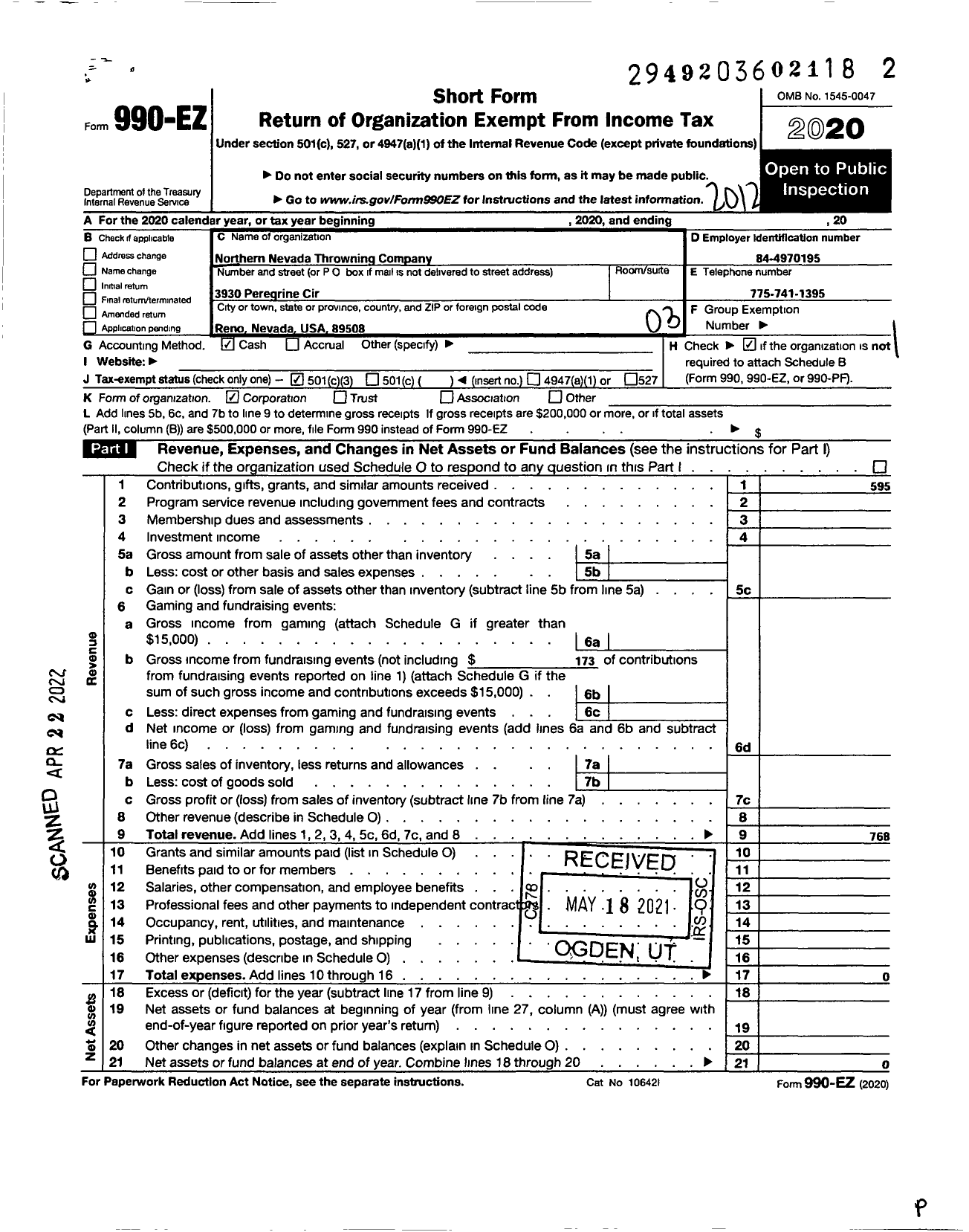 Image of first page of 2020 Form 990EZ for Northern Nevada Throwing Company