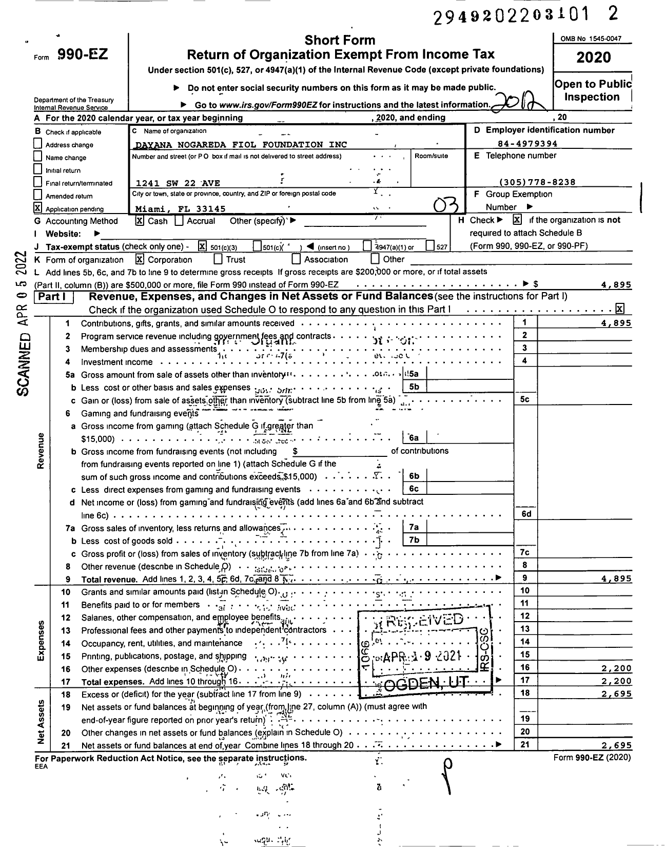 Image of first page of 2020 Form 990EZ for Dayana Nogareda Fiol Foundation