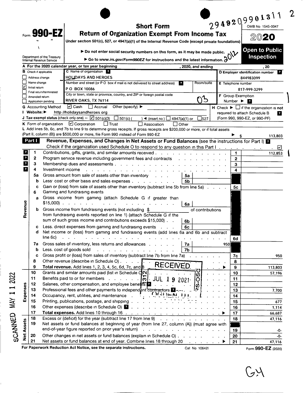 Image of first page of 2020 Form 990EZ for Holidays and Heroes