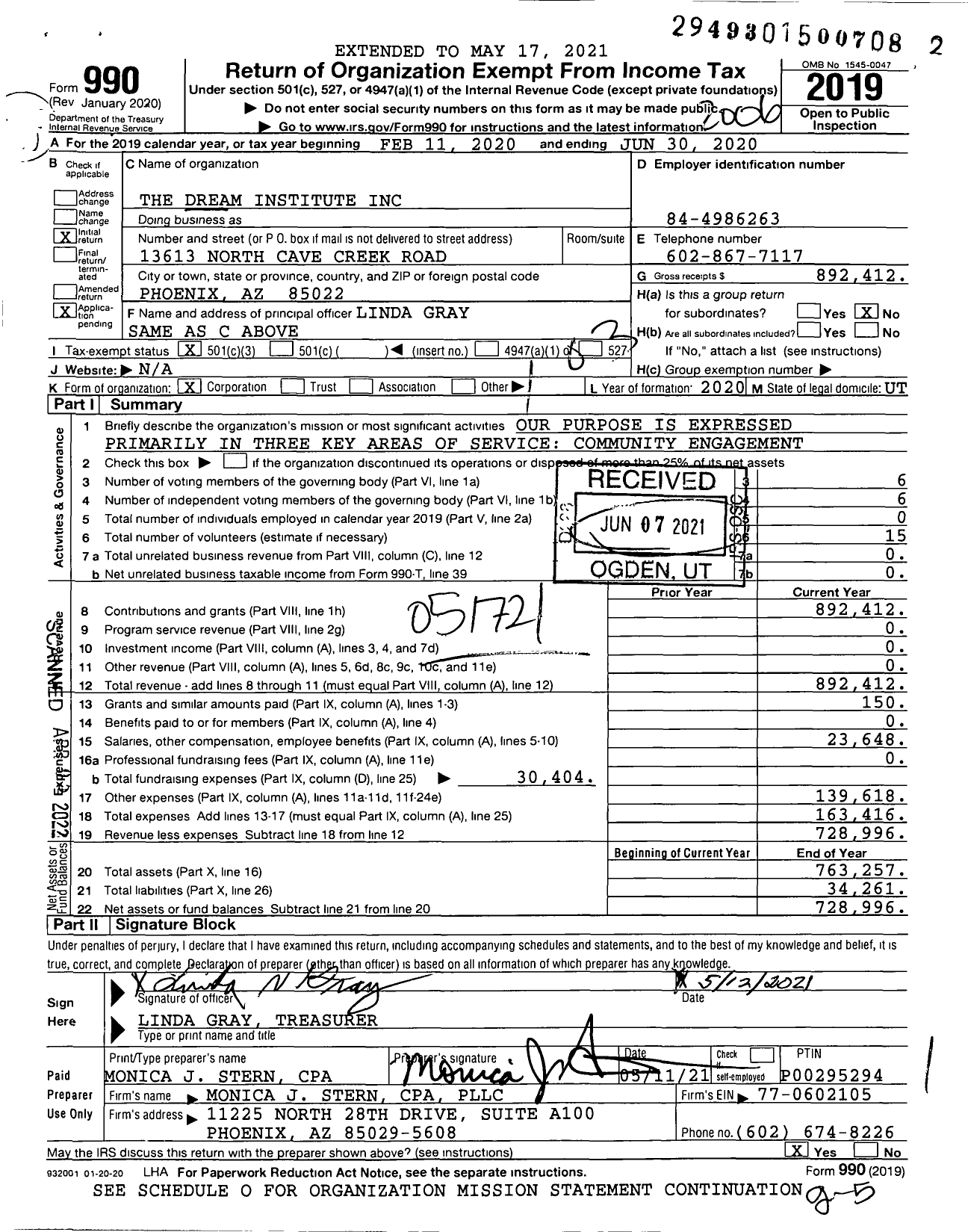 Image of first page of 2019 Form 990 for The Dream Institute