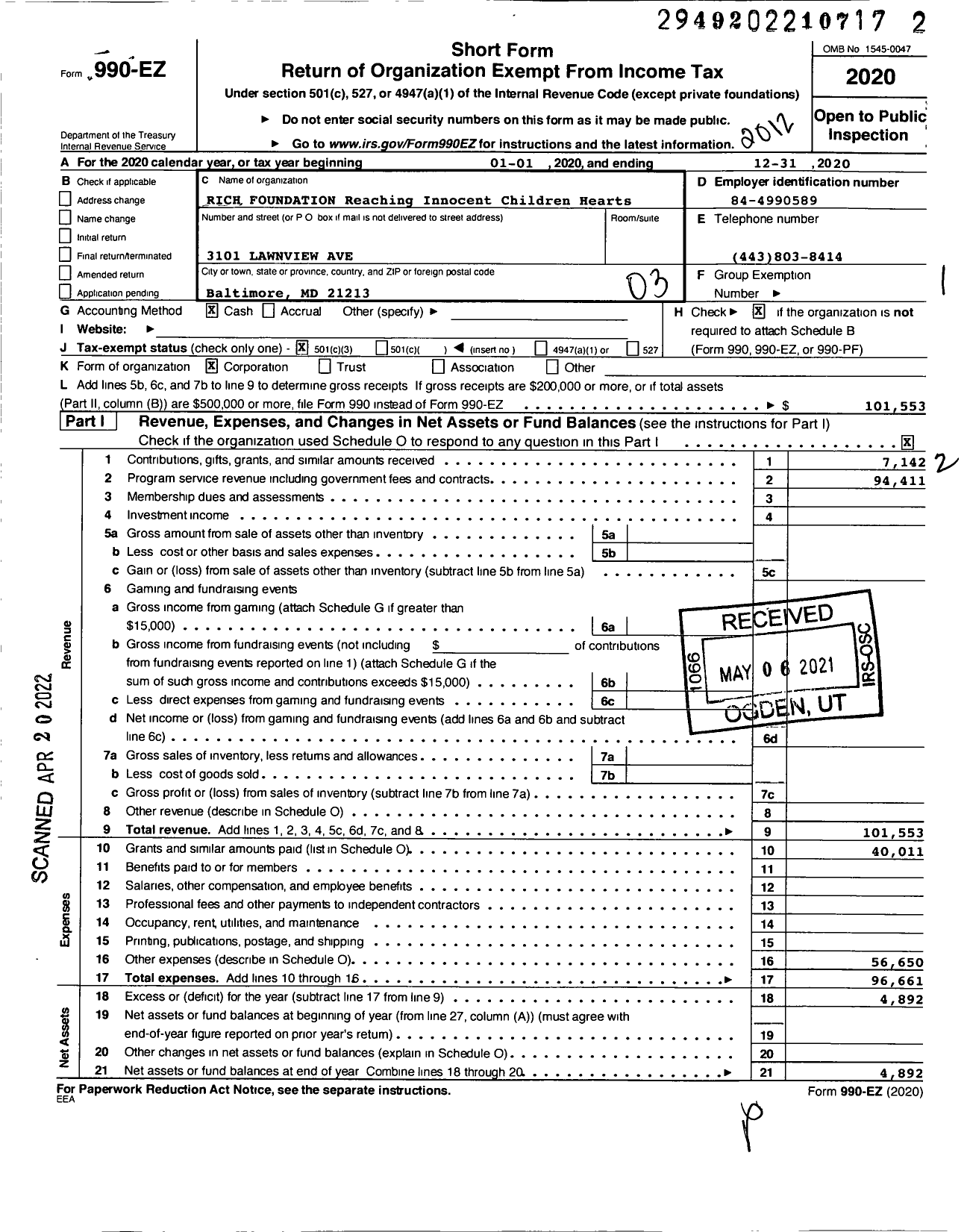 Image of first page of 2020 Form 990EZ for Rich Foundation Reaching Innocent Children Hearts