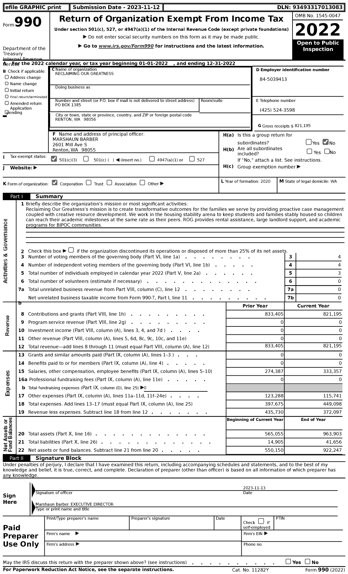 Image of first page of 2022 Form 990 for Reclaiming Our Greatness