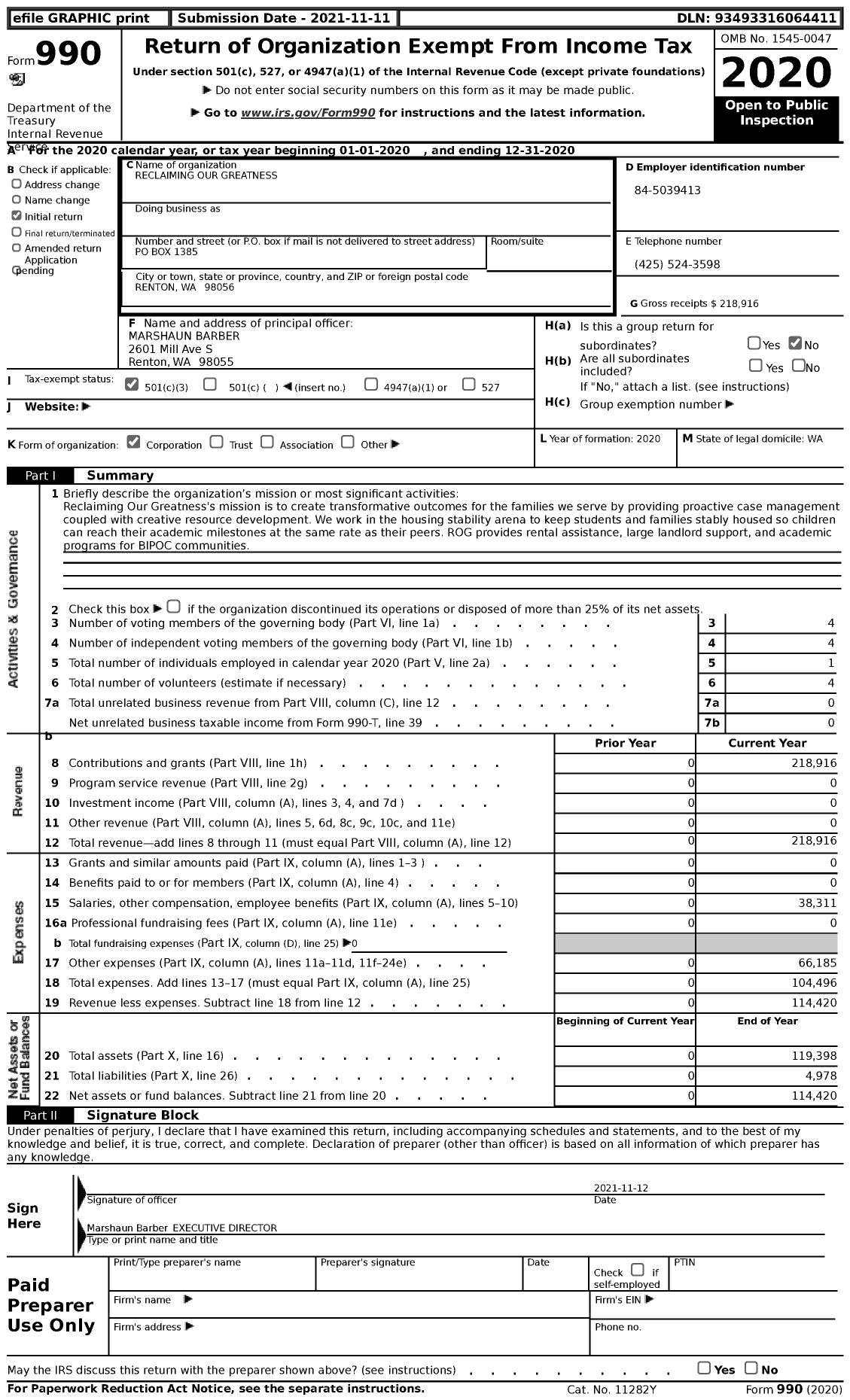 Image of first page of 2020 Form 990 for Reclaiming Our Greatness