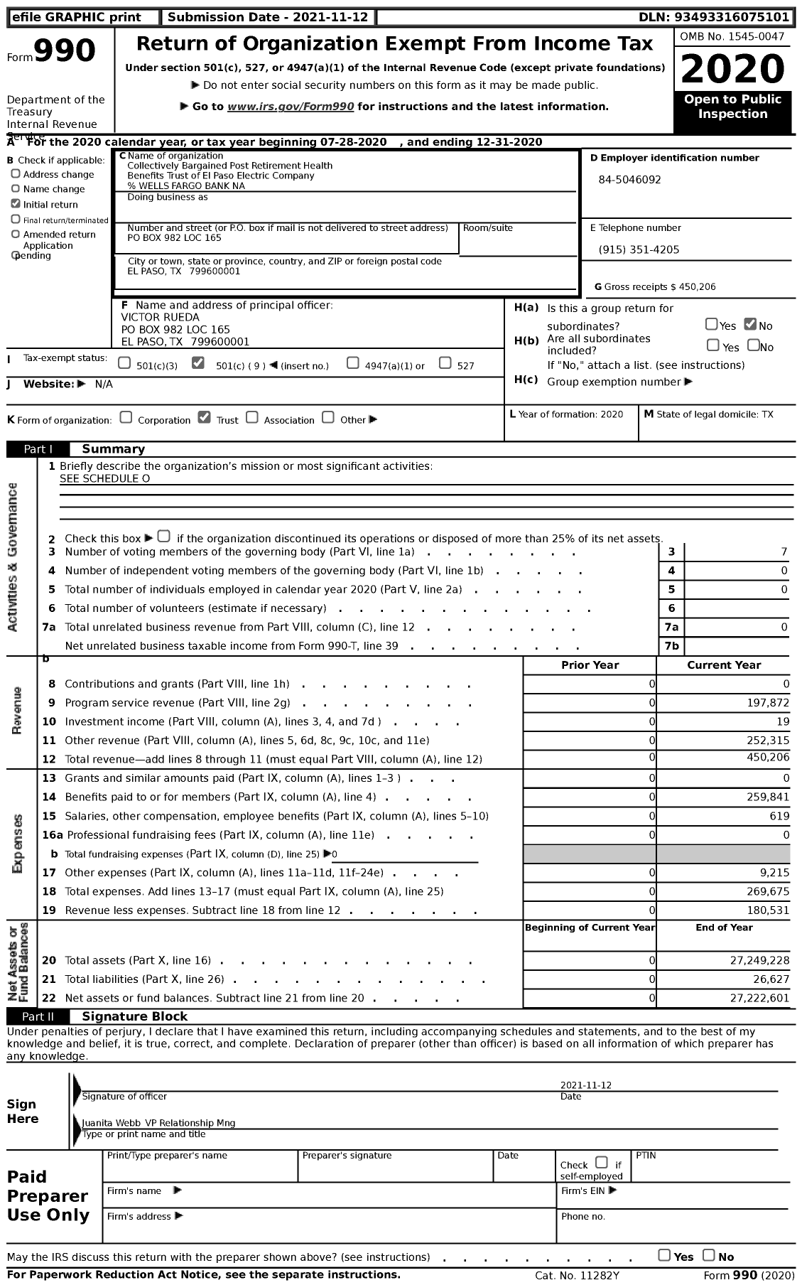 Image of first page of 2020 Form 990 for Collectively Bargained Post Retirement Health Benefits Trust of El Paso Electric Company