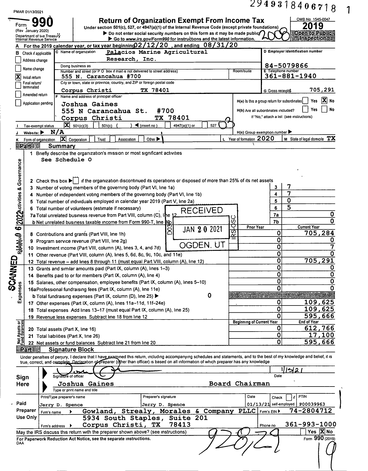 Image of first page of 2019 Form 990 for Palacios Marine Agricultural Research