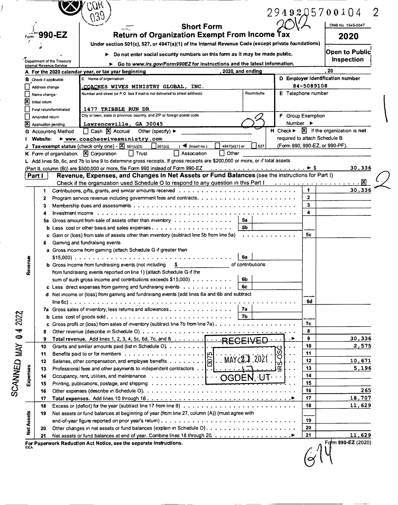 Image of first page of 2020 Form 990EZ for Coaches Wives Ministry Global