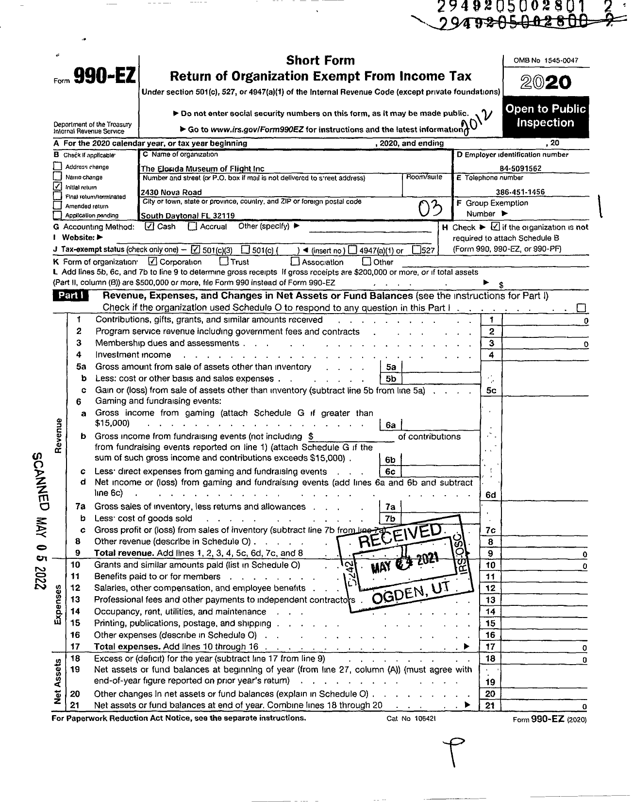 Image of first page of 2020 Form 990EZ for The Florida Museum of Flight