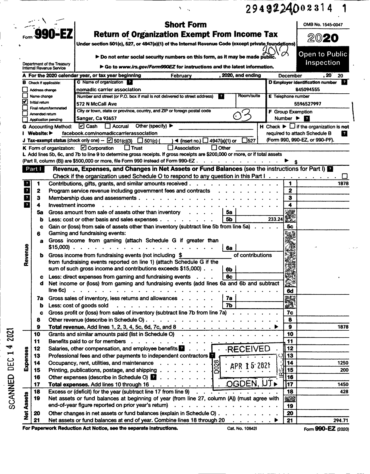 Image of first page of 2020 Form 990EZ for Nomadic Carrier Association