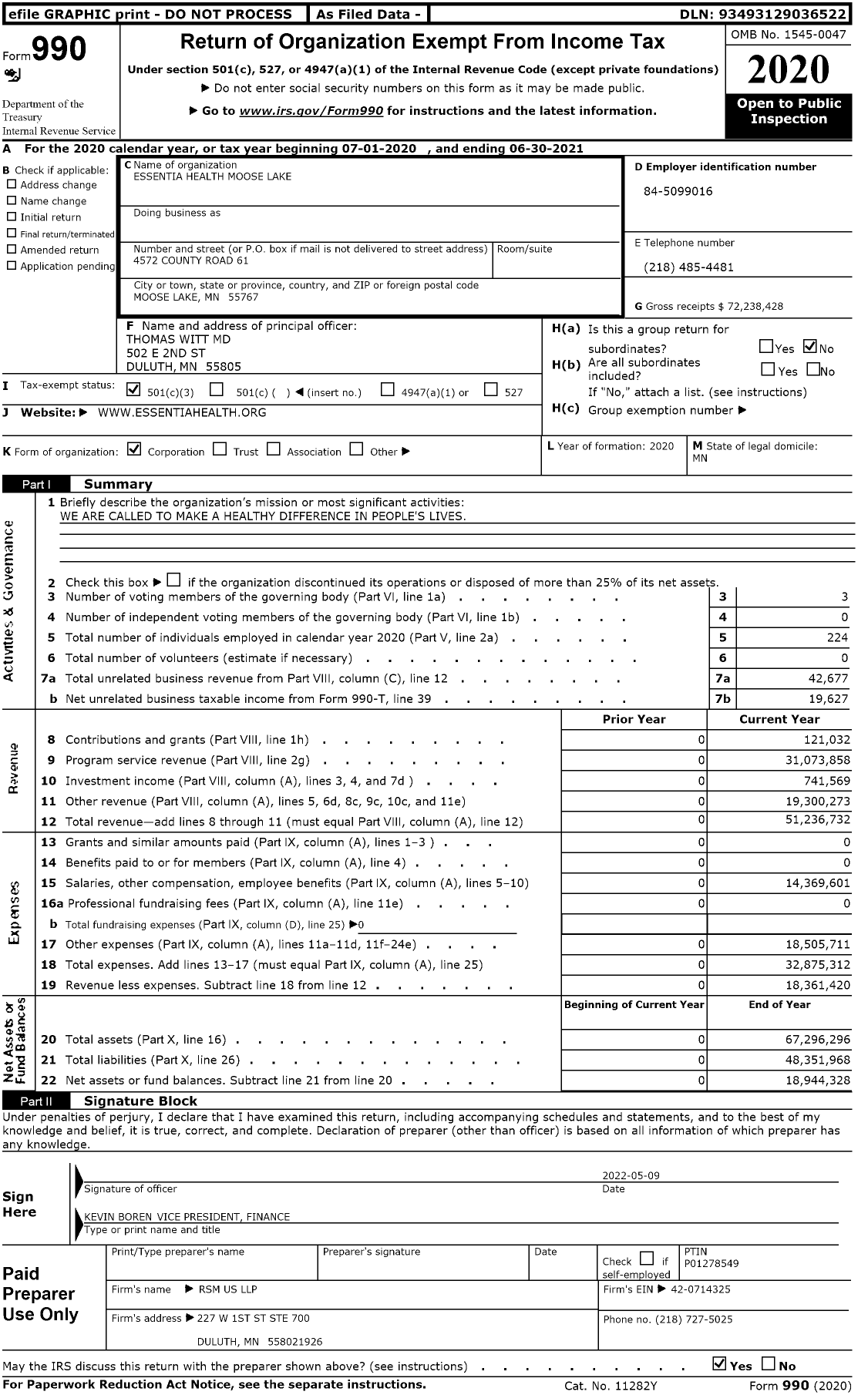 Image of first page of 2020 Form 990 for Essentia Health Moose Lake