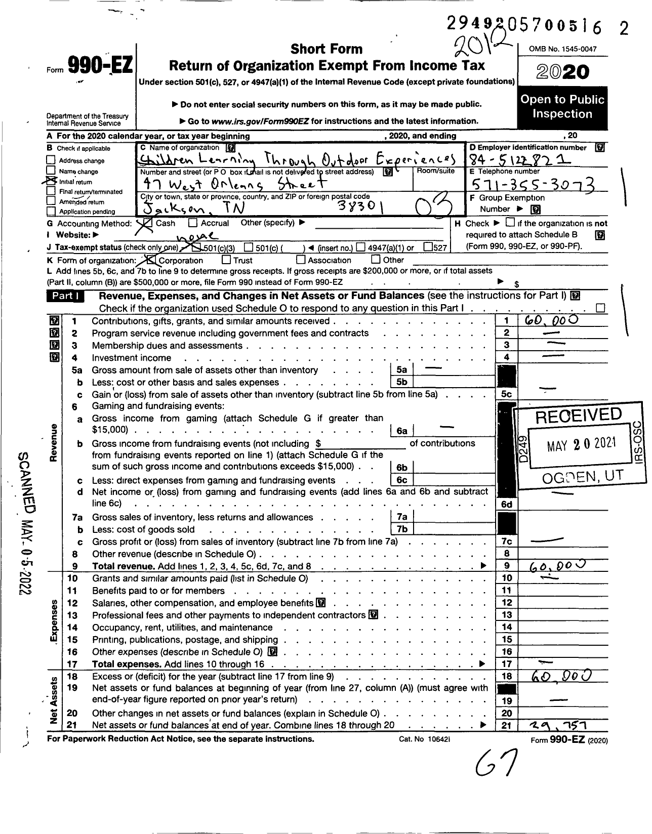 Image of first page of 2020 Form 990EZ for Children Learning Through Outdoor Experience