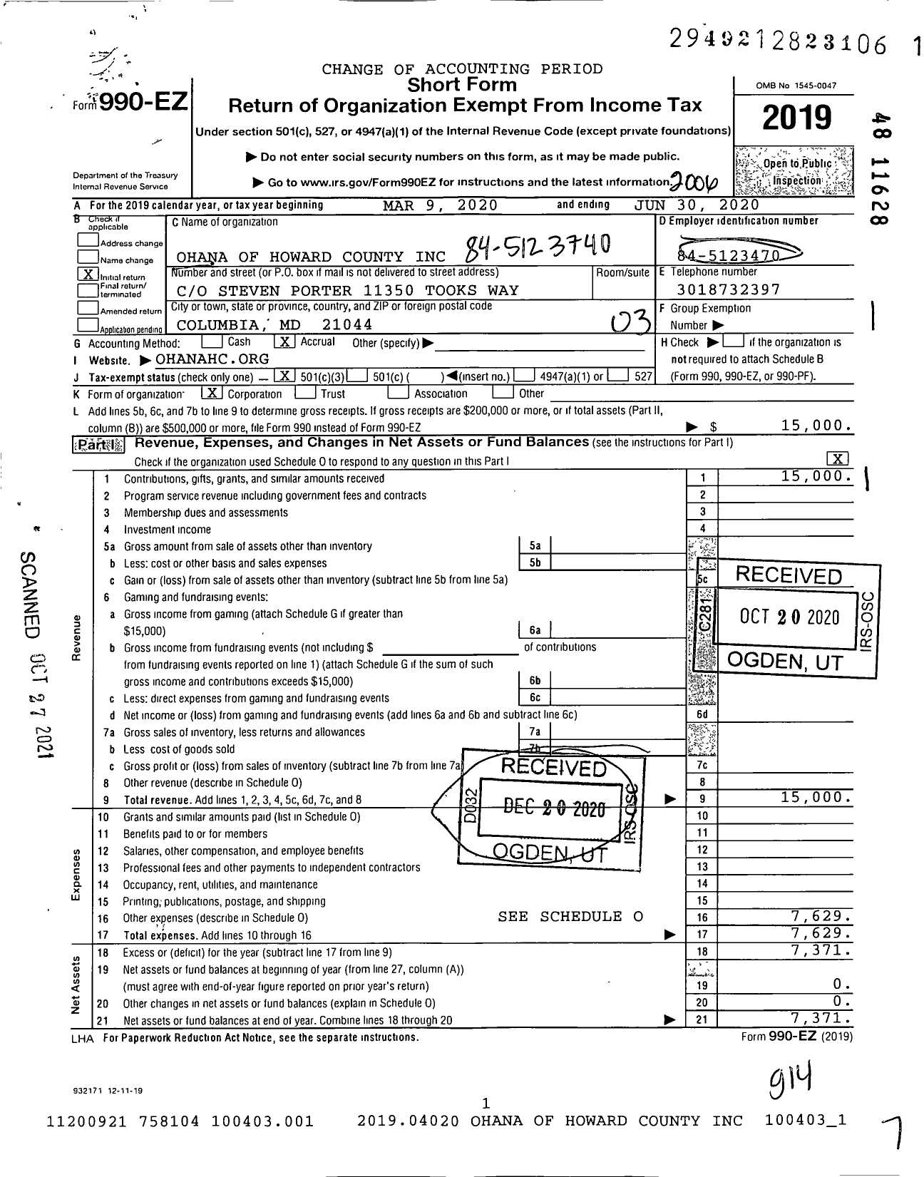 Image of first page of 2019 Form 990EZ for Ohana of Howard County