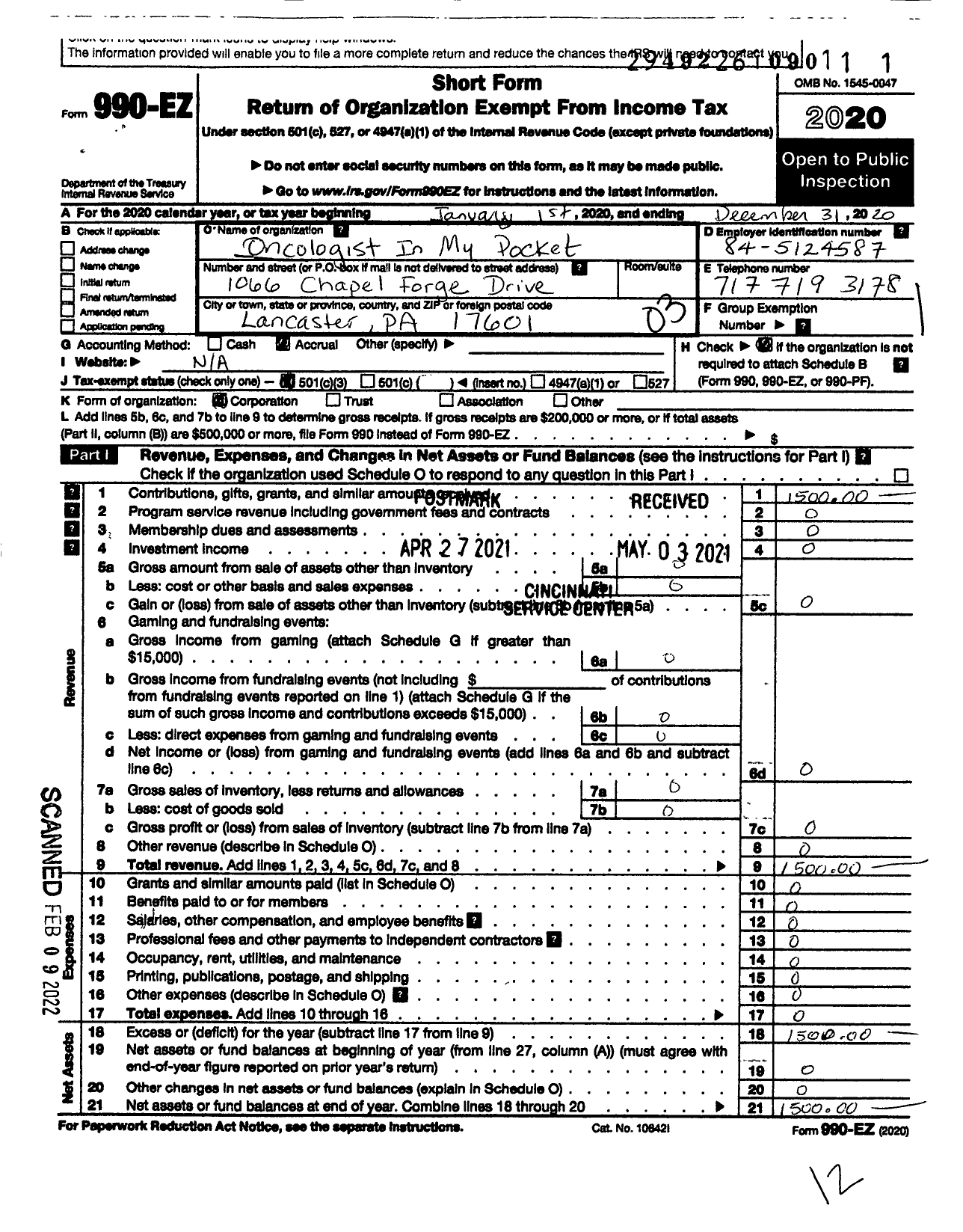 Image of first page of 2020 Form 990EZ for Oncologist in My Pocket