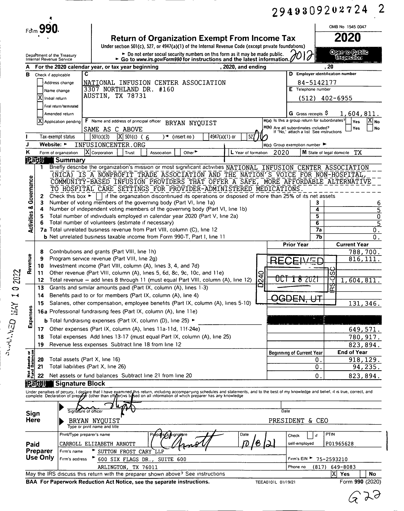 Image of first page of 2020 Form 990O for National Infusion Center Association