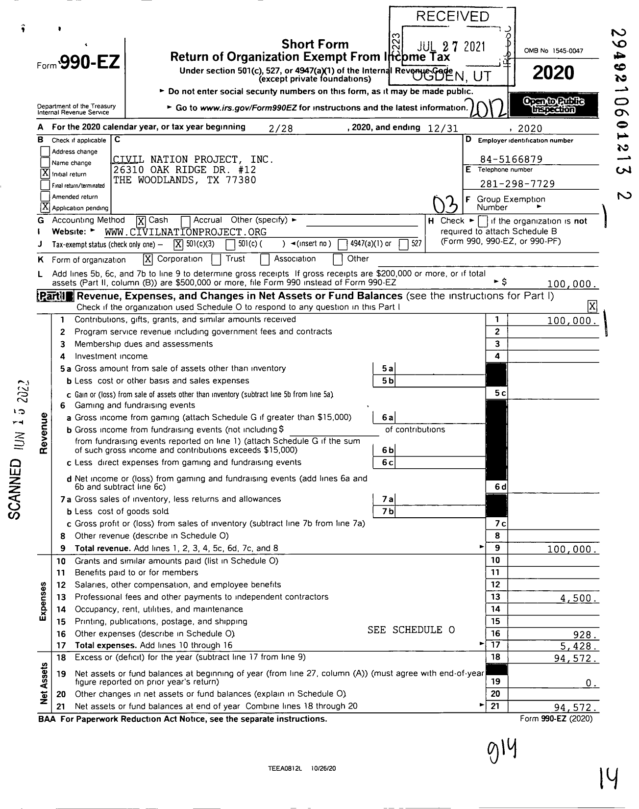 Image of first page of 2020 Form 990EZ for Civil Nation Project