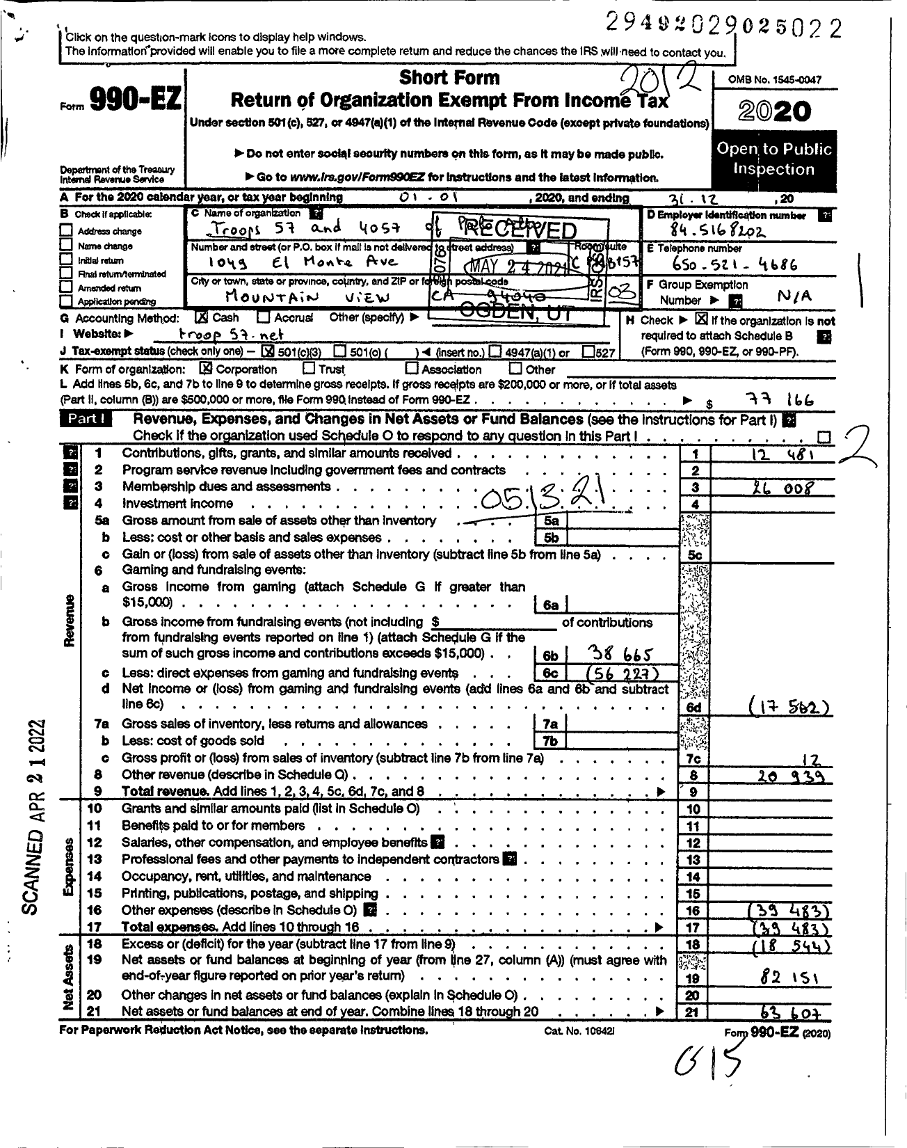 Image of first page of 2020 Form 990EZ for Troops 57 and 4057 of Palo Alto