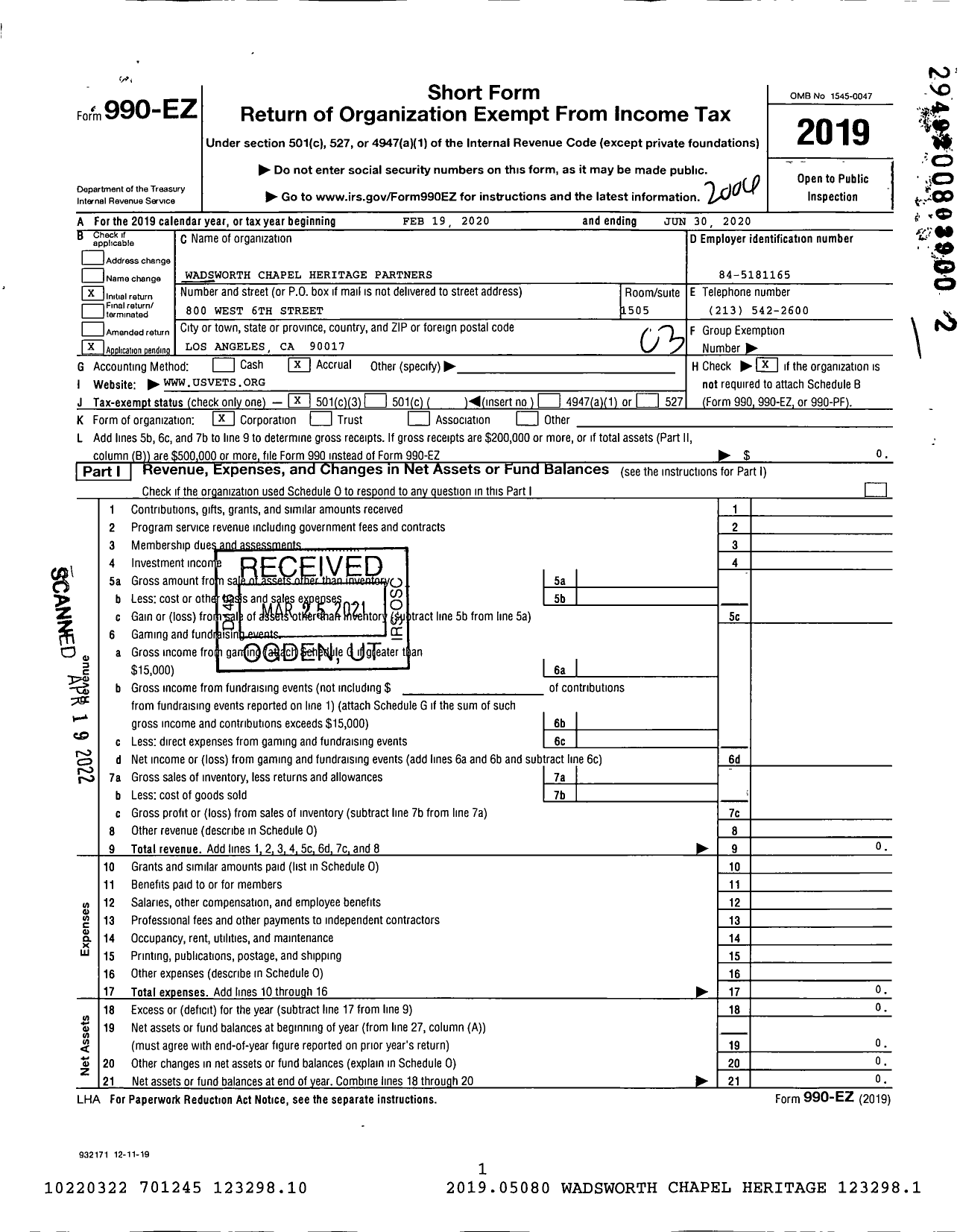 Image of first page of 2019 Form 990EZ for Wadsworth Chapel Heritage Partners