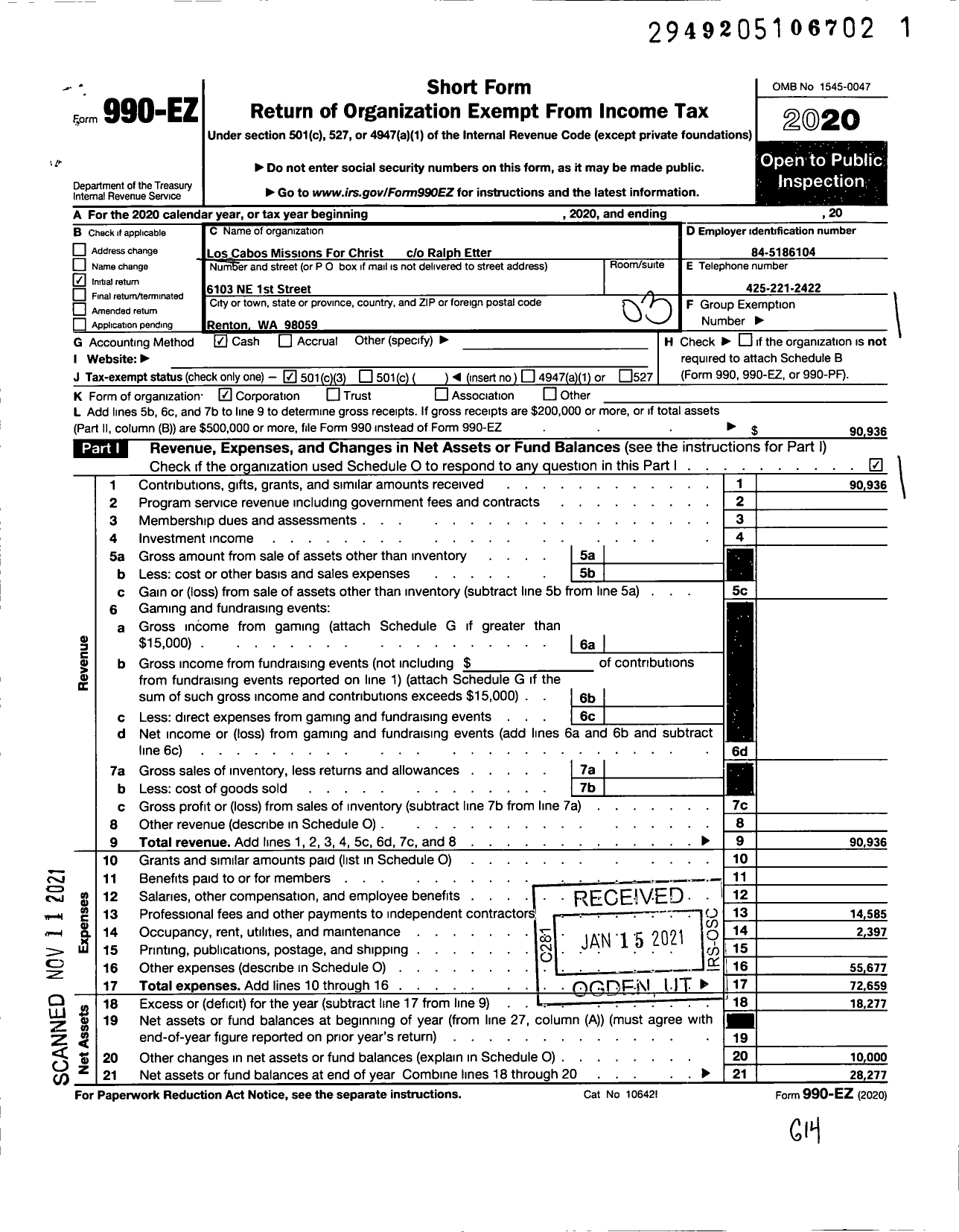 Image of first page of 2020 Form 990EZ for Los Cabos Missions for Christ