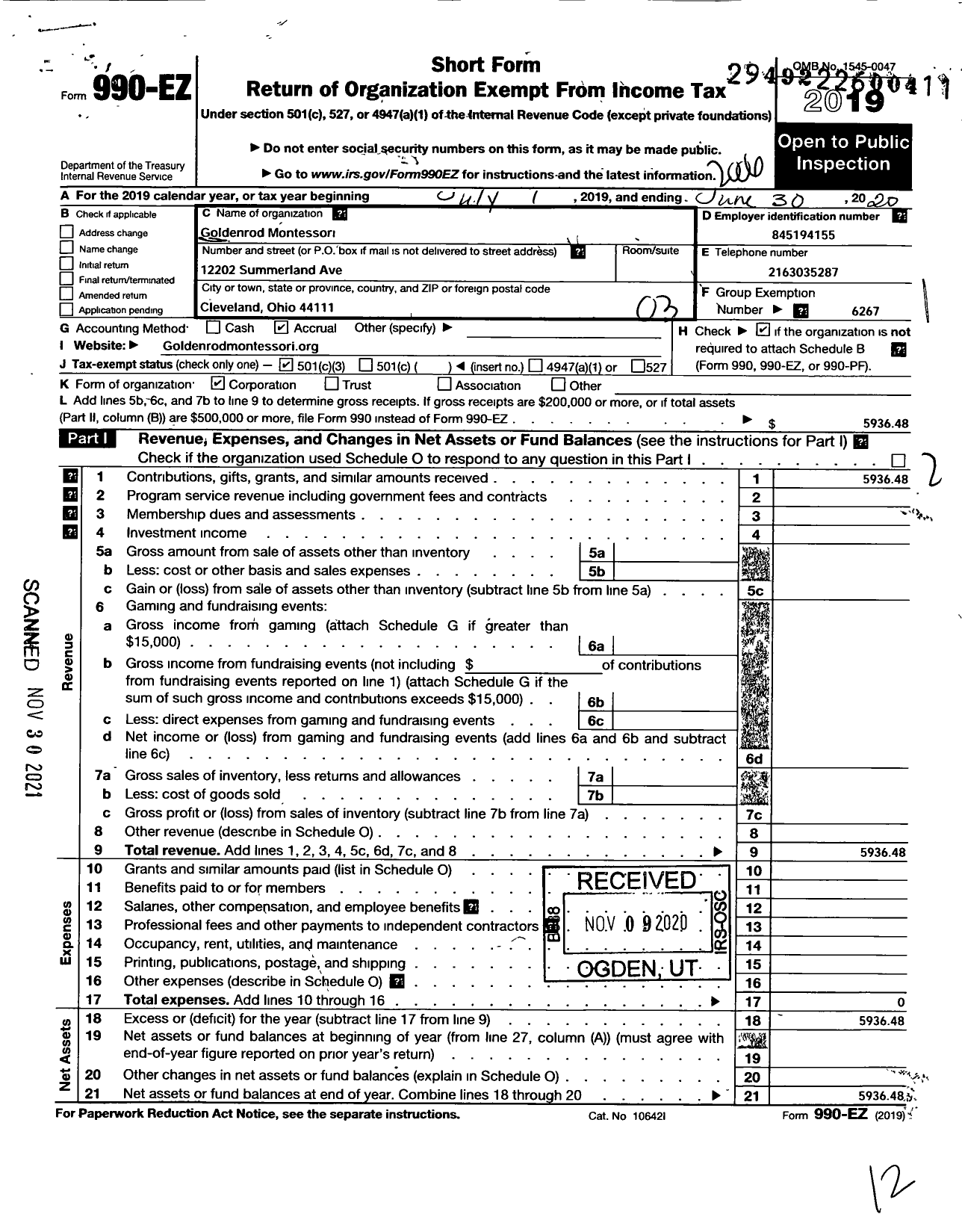 Image of first page of 2019 Form 990EZ for Goldenrod Montessori