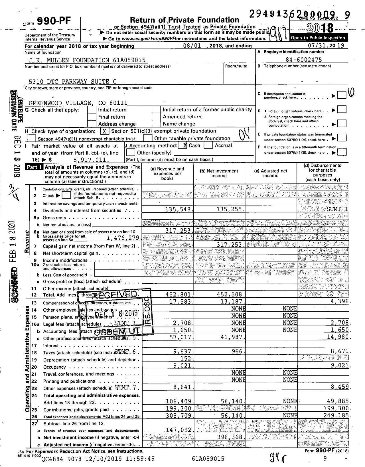 Image of first page of 2018 Form 990PF for JK Mullen Foundation