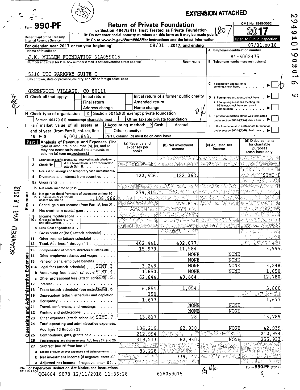 Image of first page of 2017 Form 990PF for JK Mullen Foundation