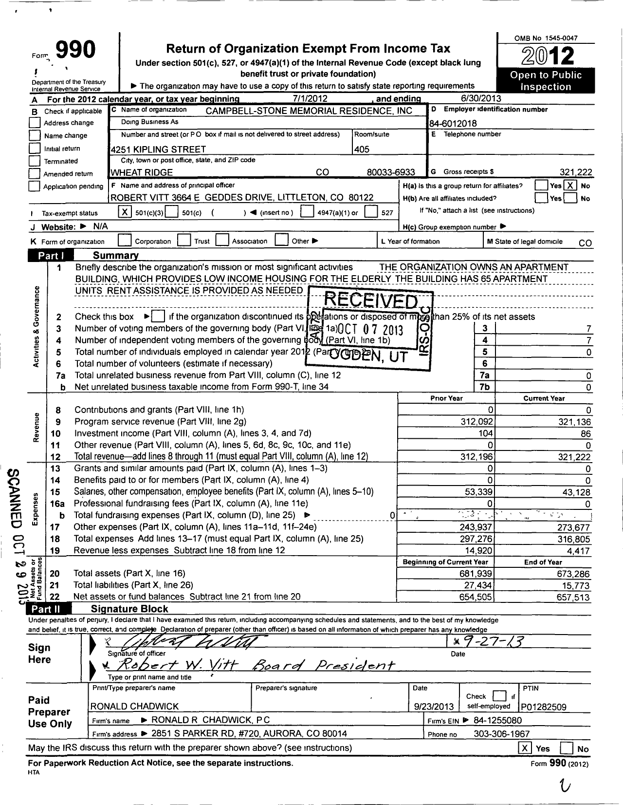 Image of first page of 2012 Form 990 for Campbell-Stone Memorial Residence