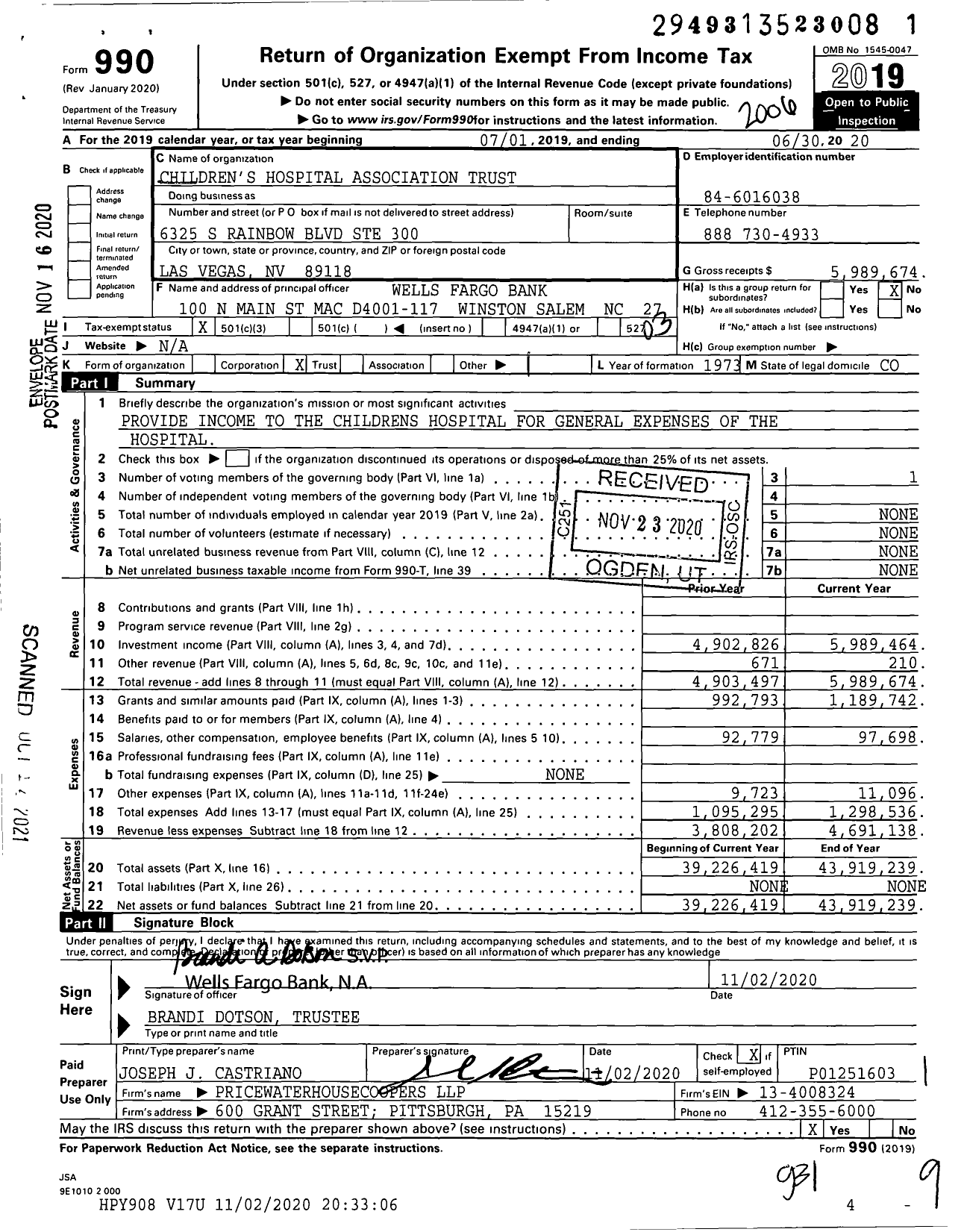 Image of first page of 2019 Form 990 for Children's Hospital Association Trust