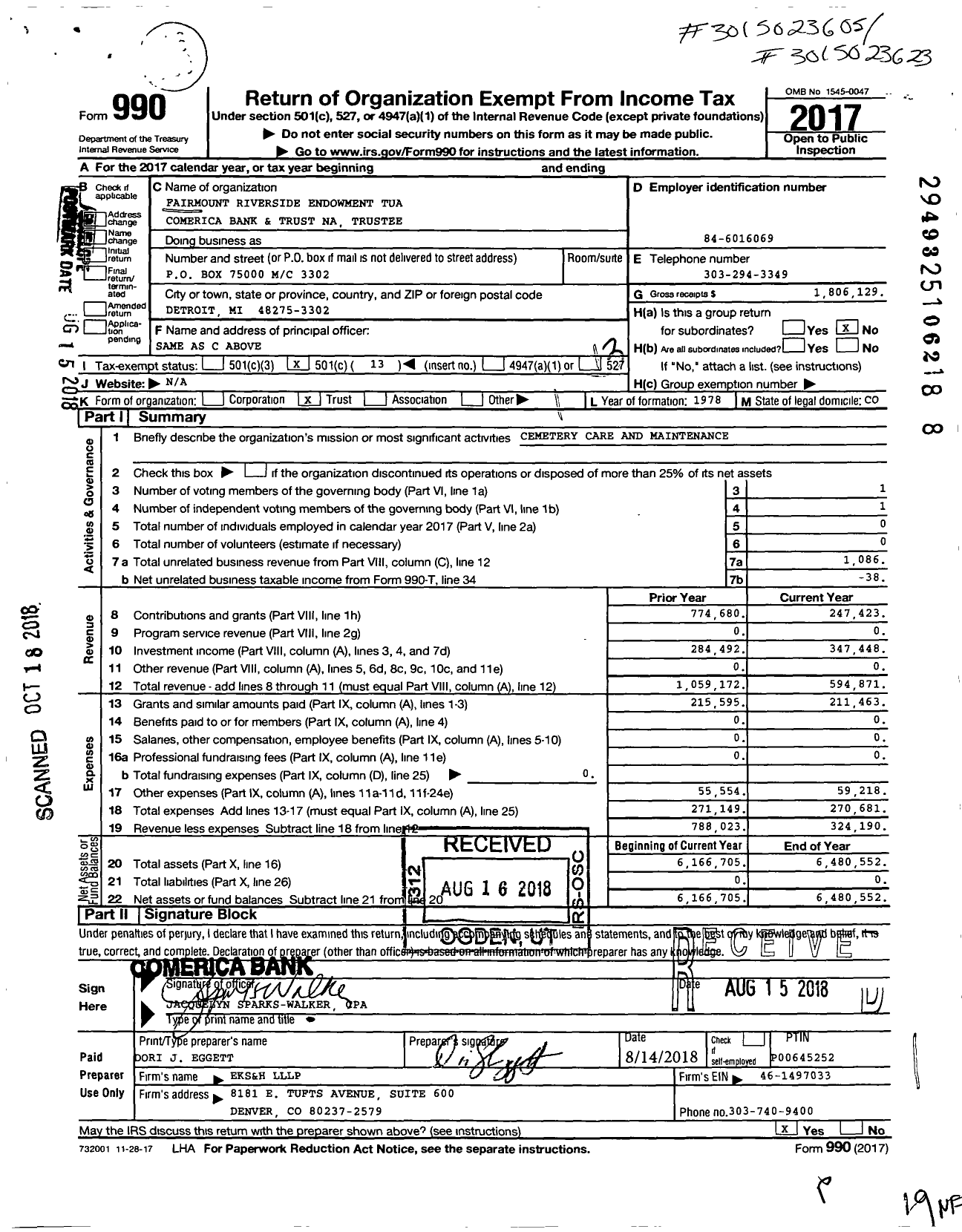 Image of first page of 2017 Form 990O for Fairmount Riverside Endowment Tua Comerica Bank and Trust Na Trustee