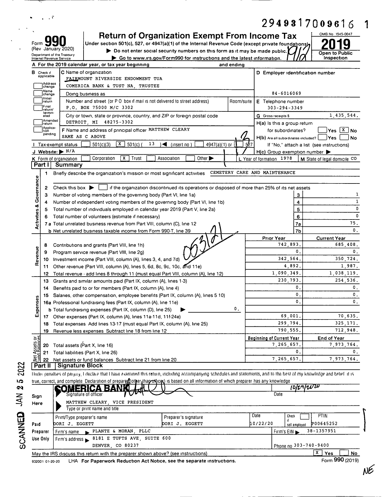 Image of first page of 2019 Form 990O for Fairmount Riverside Endowment Tua Comerica Bank and Trust Na Trustee