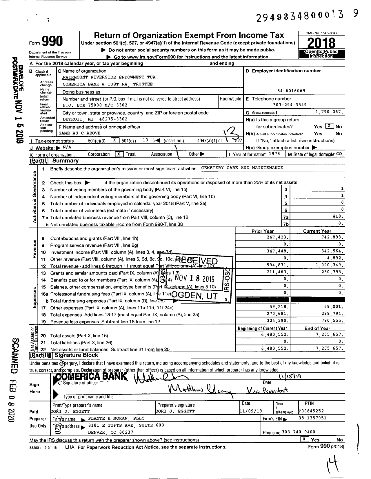 Image of first page of 2018 Form 990O for Fairmount Riverside Endowment Tua Comerica Bank and Trust Na Trustee