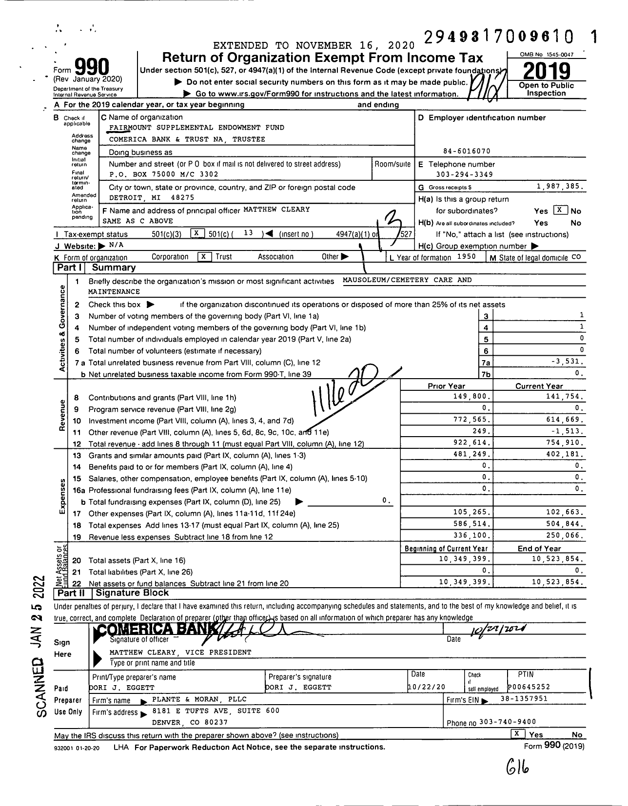 Image of first page of 2019 Form 990O for Fairmount Supplemental Endowment Fund Comerica Bank and Trust Na Trustee