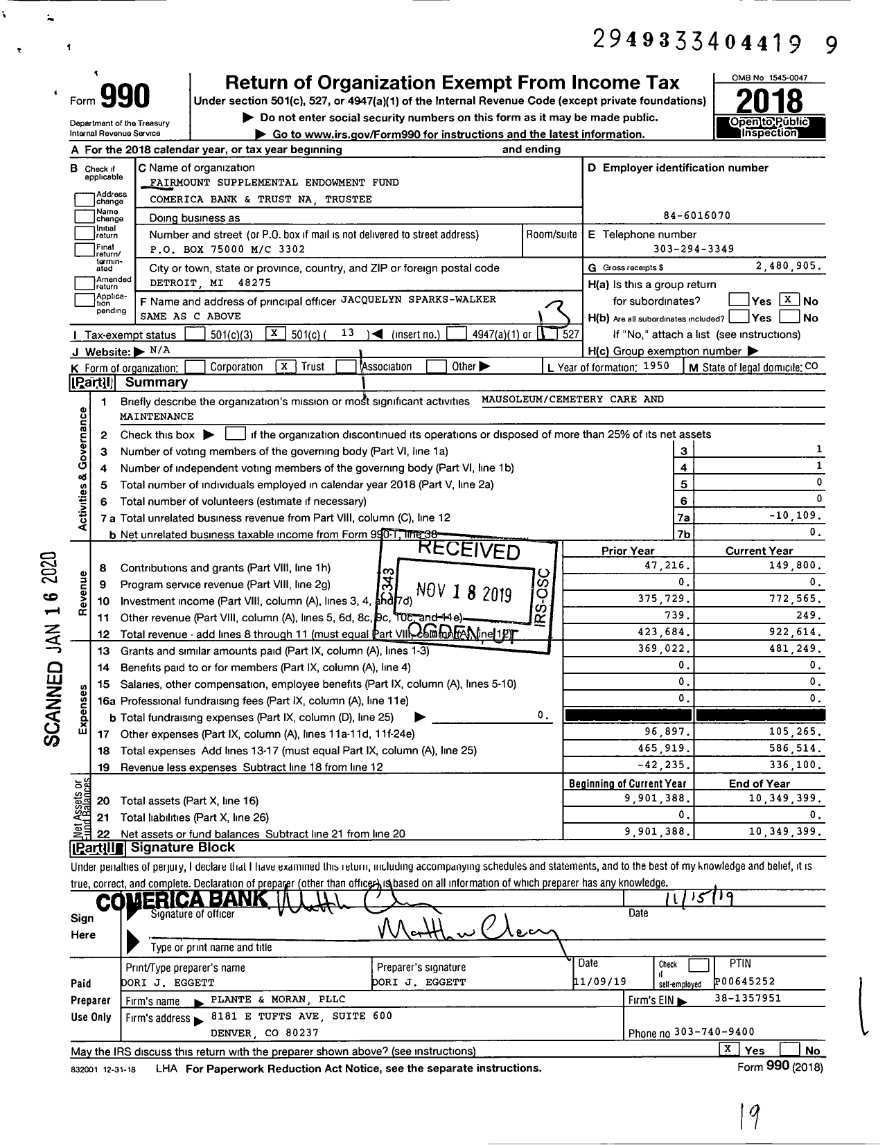 Image of first page of 2018 Form 990O for Fairmount Supplemental Endowment Fund Comerica Bank and Trust Na Trustee