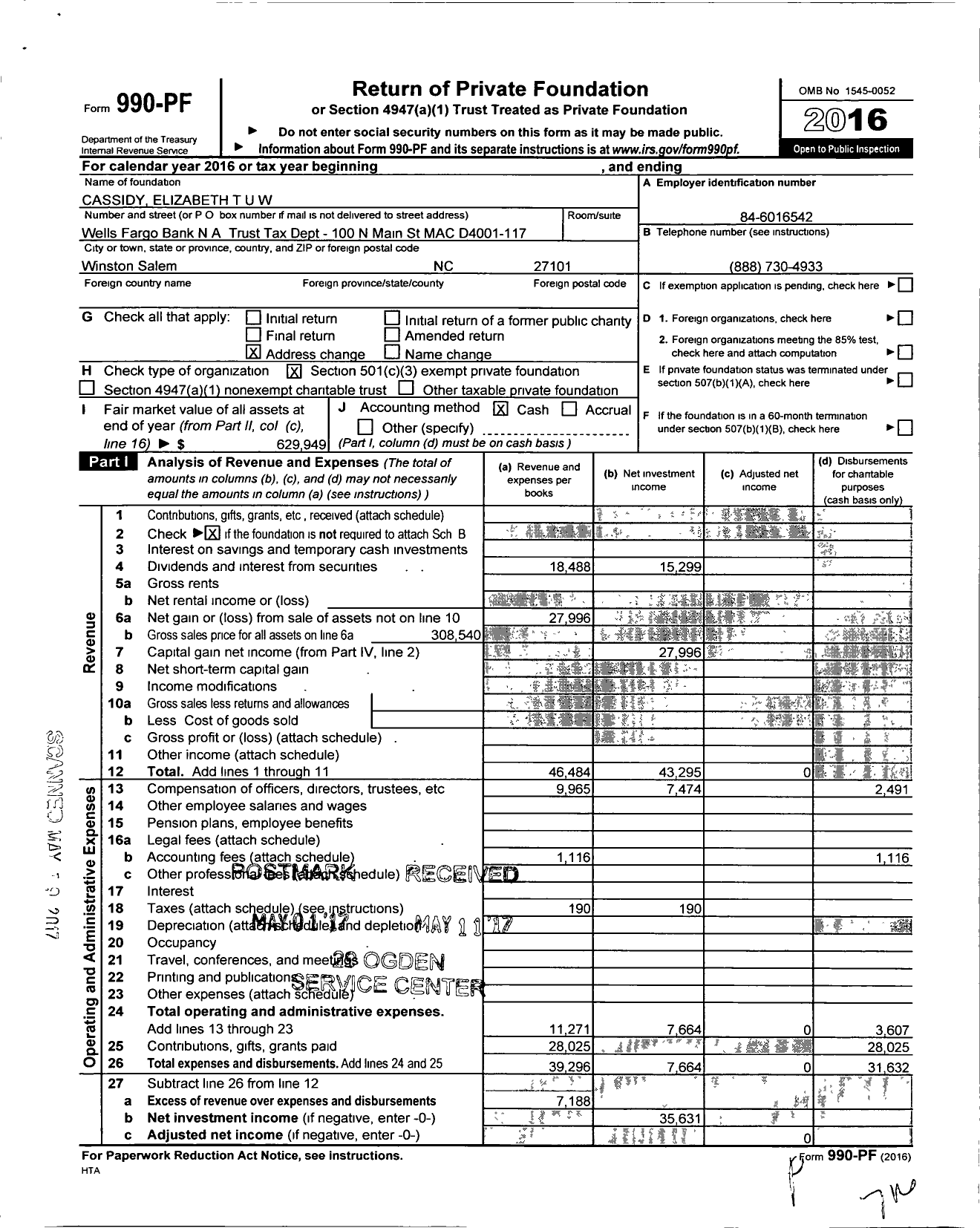 Image of first page of 2016 Form 990PF for Cassidy Elizabeth Tuw