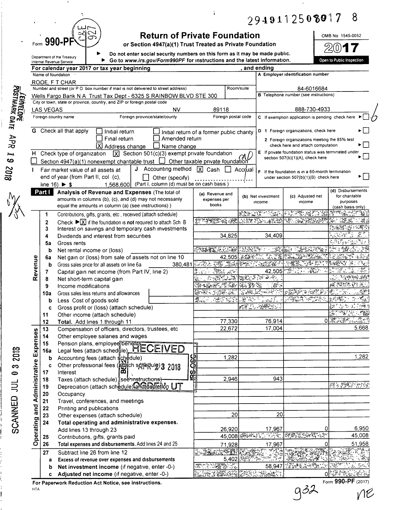 Image of first page of 2017 Form 990PF for Roof F T Char