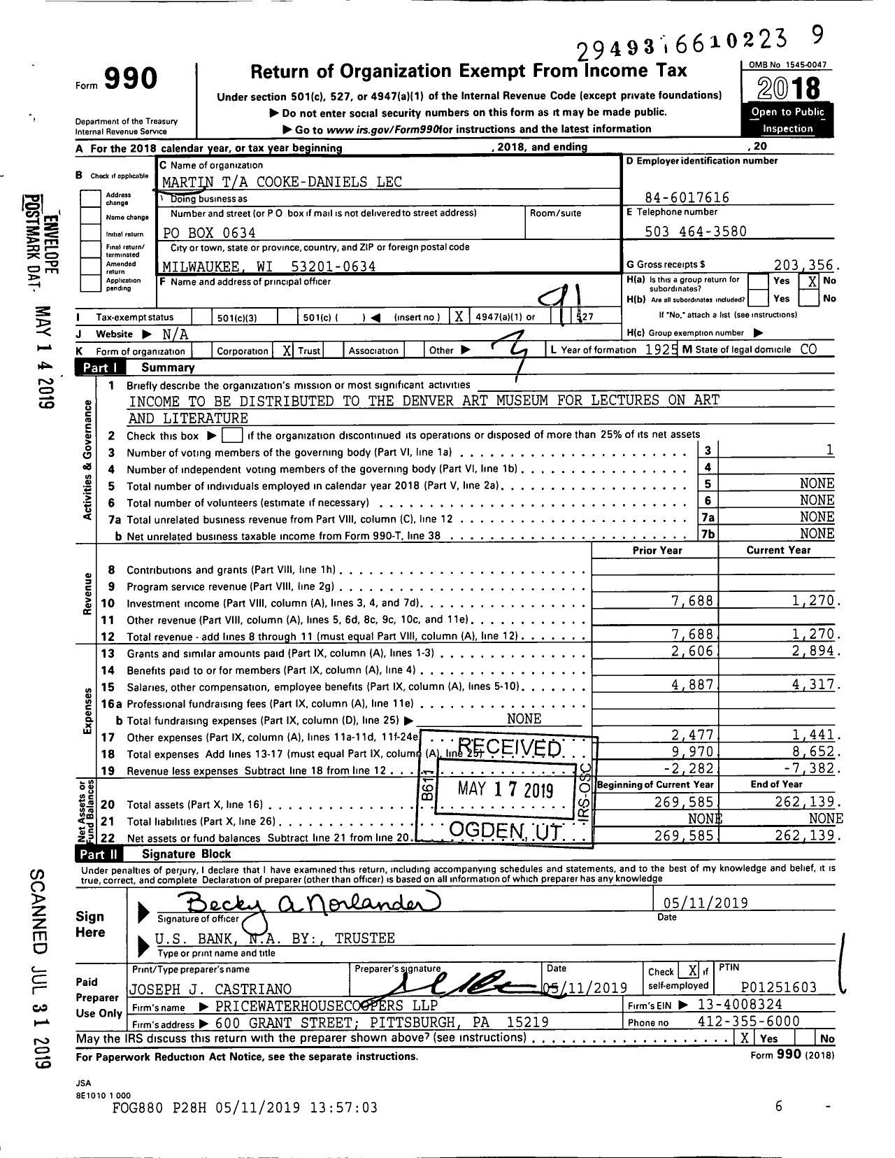 Image of first page of 2018 Form 990O for Martin Ta Cooke-Daniels Lec